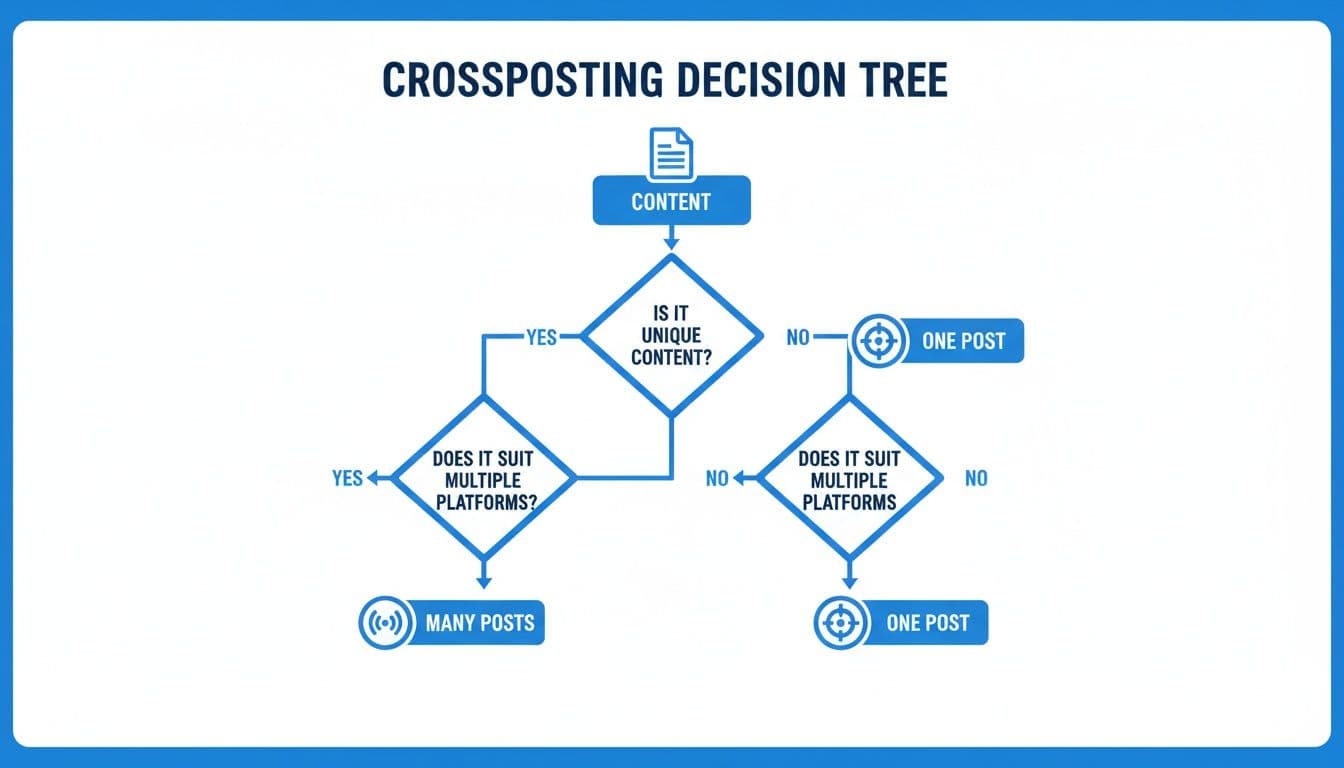 Crossposting decision tree flowchart guiding content strategy for social media platforms.