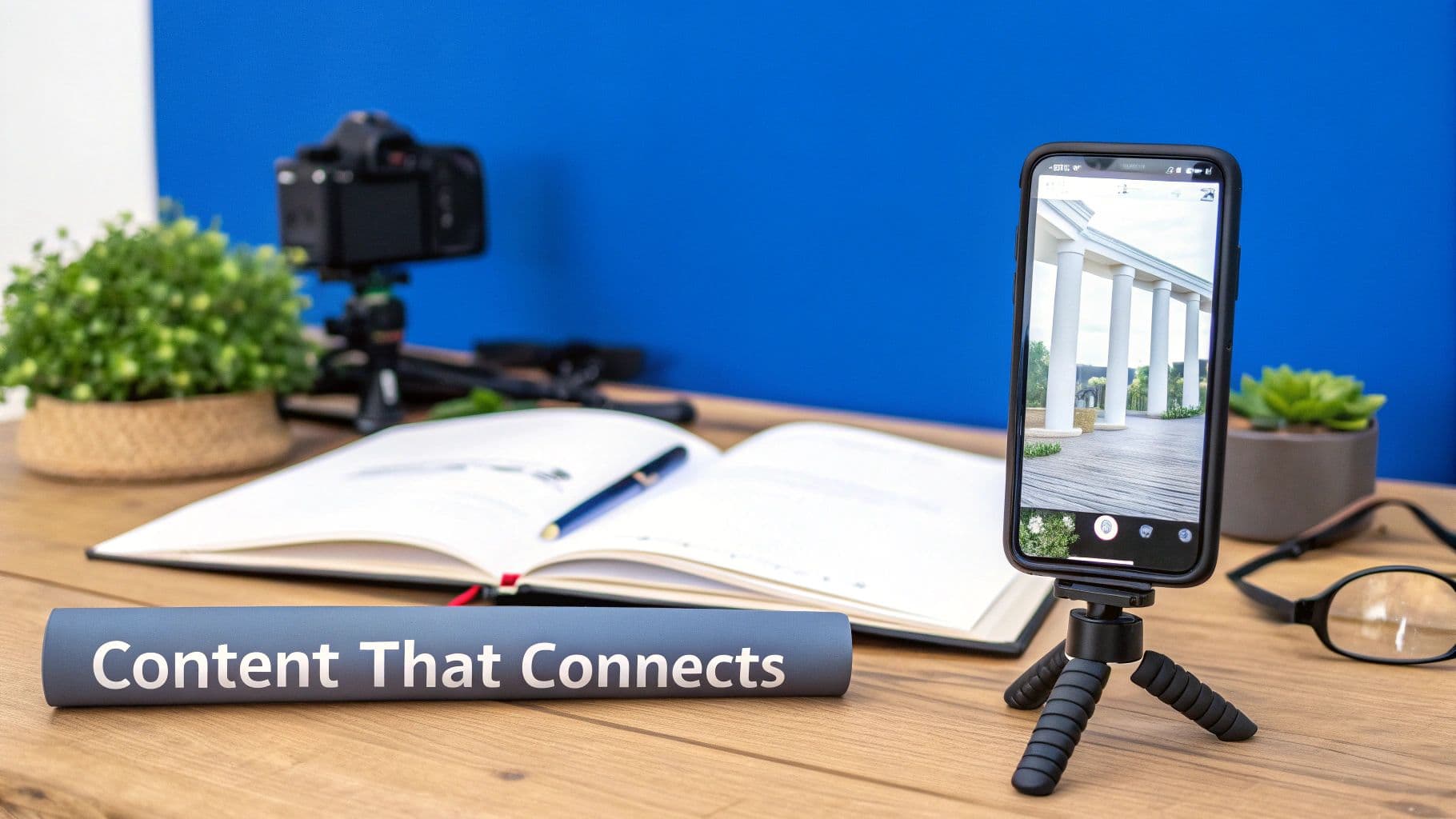 A desk setup for content creation featuring a camera, smartphone on a tripod, notebook, and a 'Content That Connects' scroll.