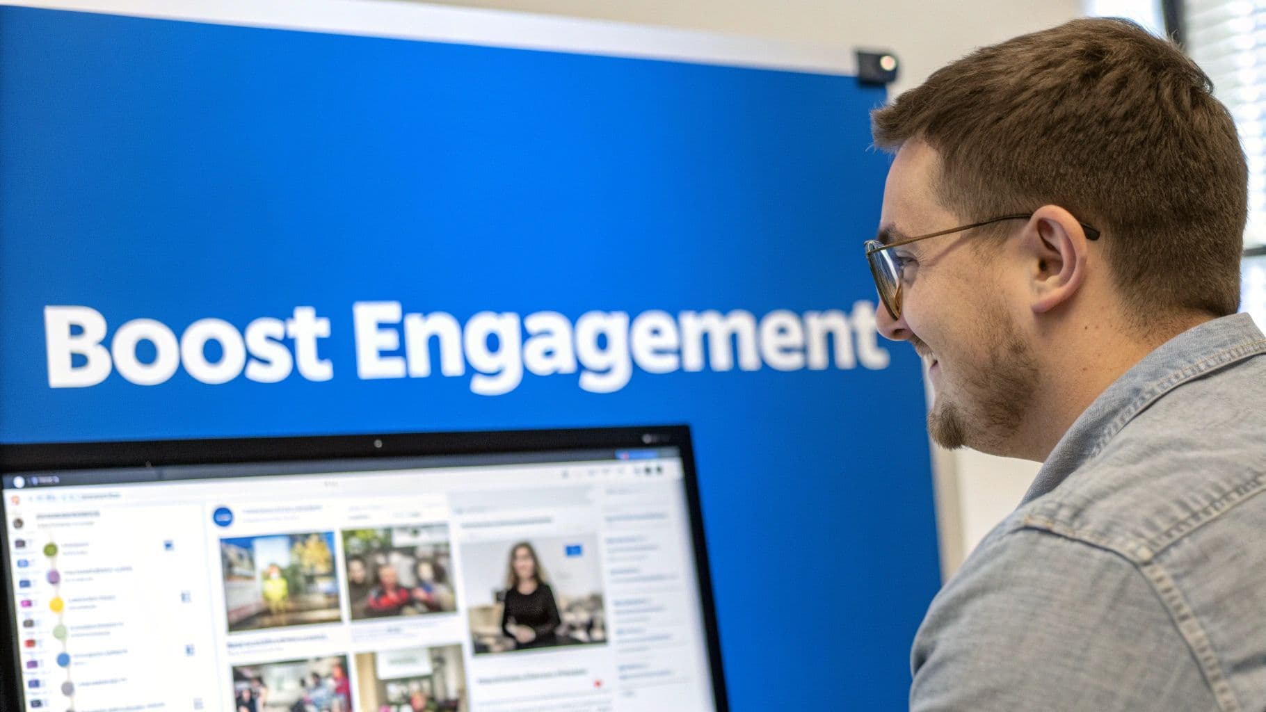 A man wearing glasses views a computer screen displaying social media content, with a blue sign reading "Boost Engagement" in the background.