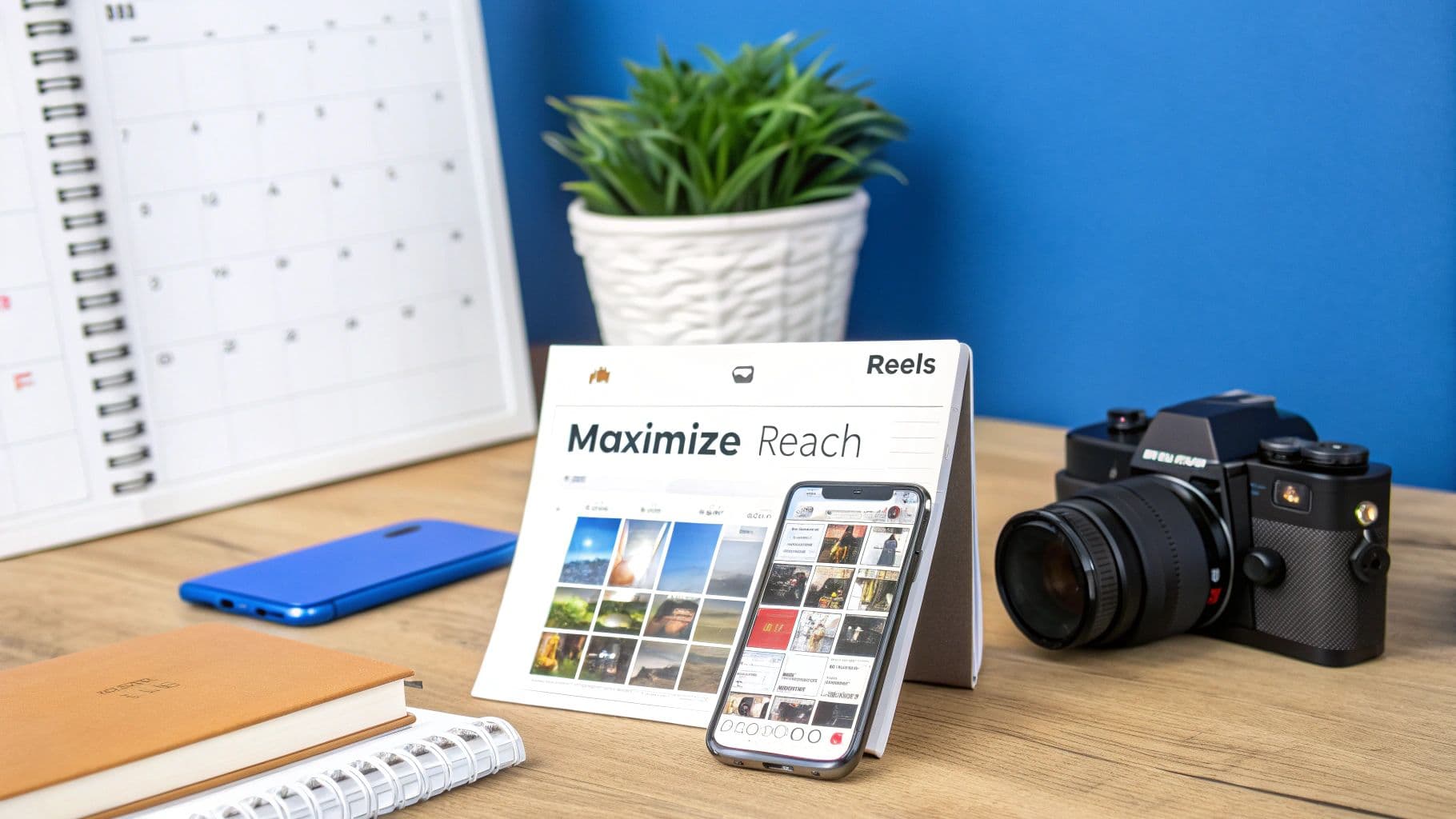 A content creator's desk setup with a calendar, plant, camera, smartphone, and 'Maximize Reach Reels' sign.