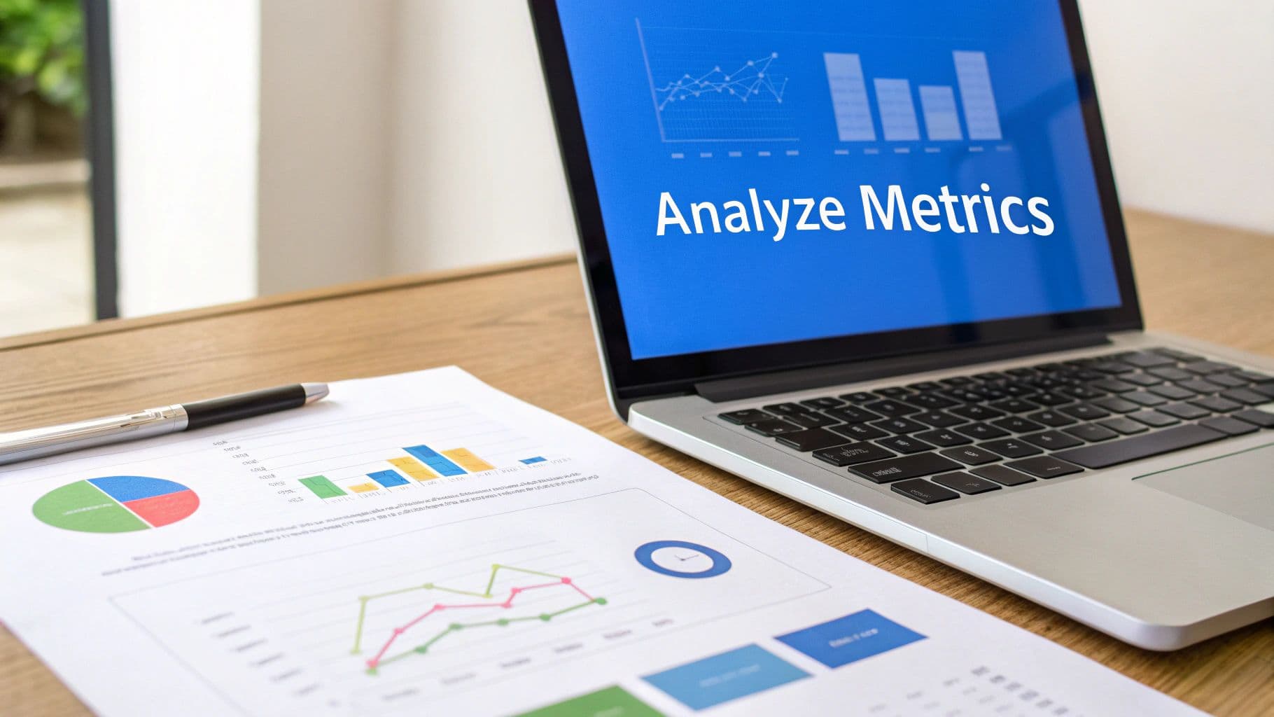 A laptop displays "Analyze Metrics" with charts, beside a pen on a printed report showing data graphs.