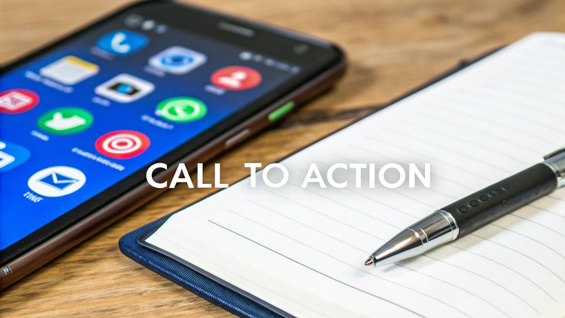 A person's hand pointing at a call-to-action button on a laptop screen, with social media icons in the background, illustrating the importance of driving action with captions.