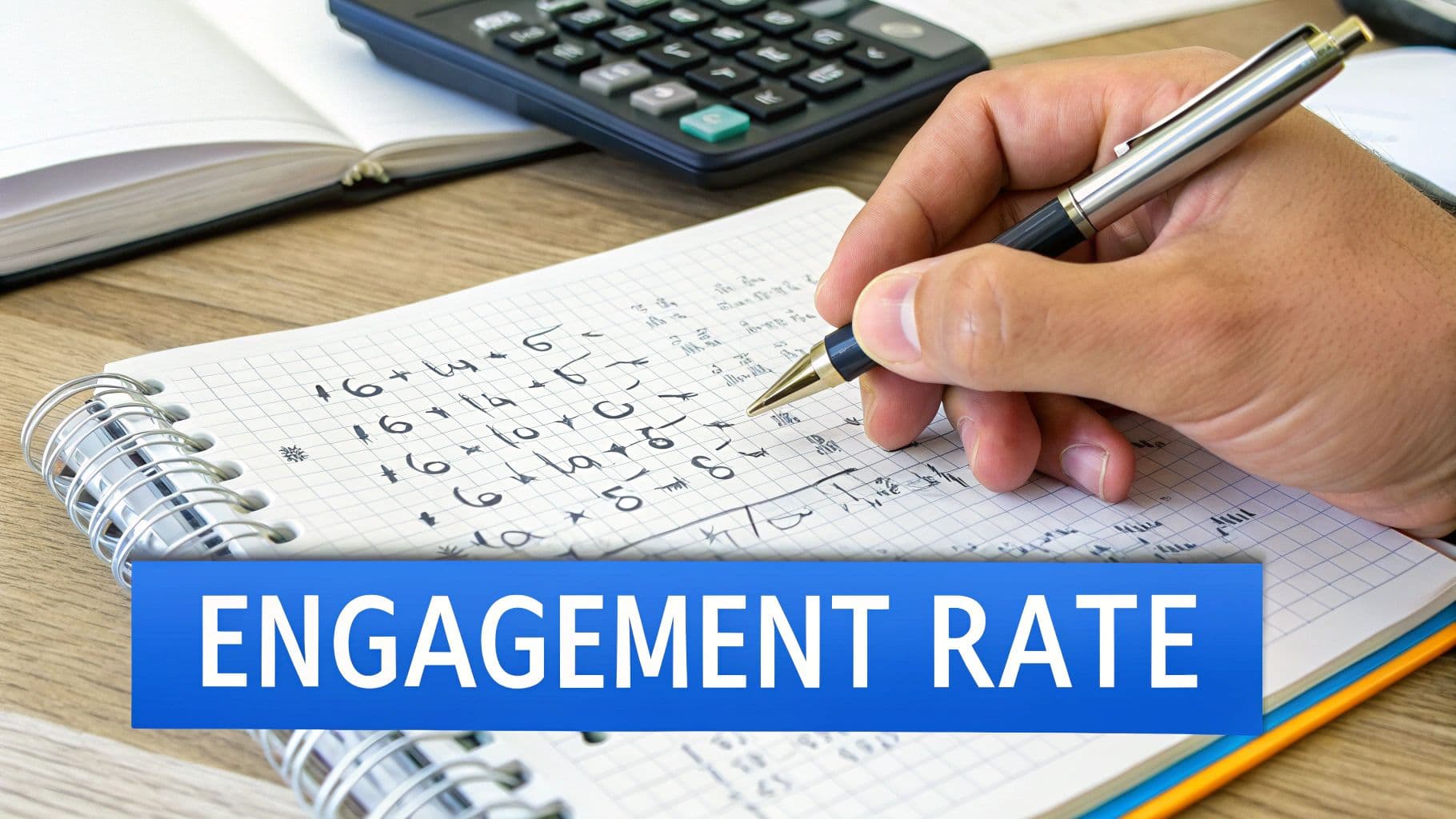 A person using a calculator with a social media dashboard on a laptop in the background, symbolizing the calculation of engagement rates.