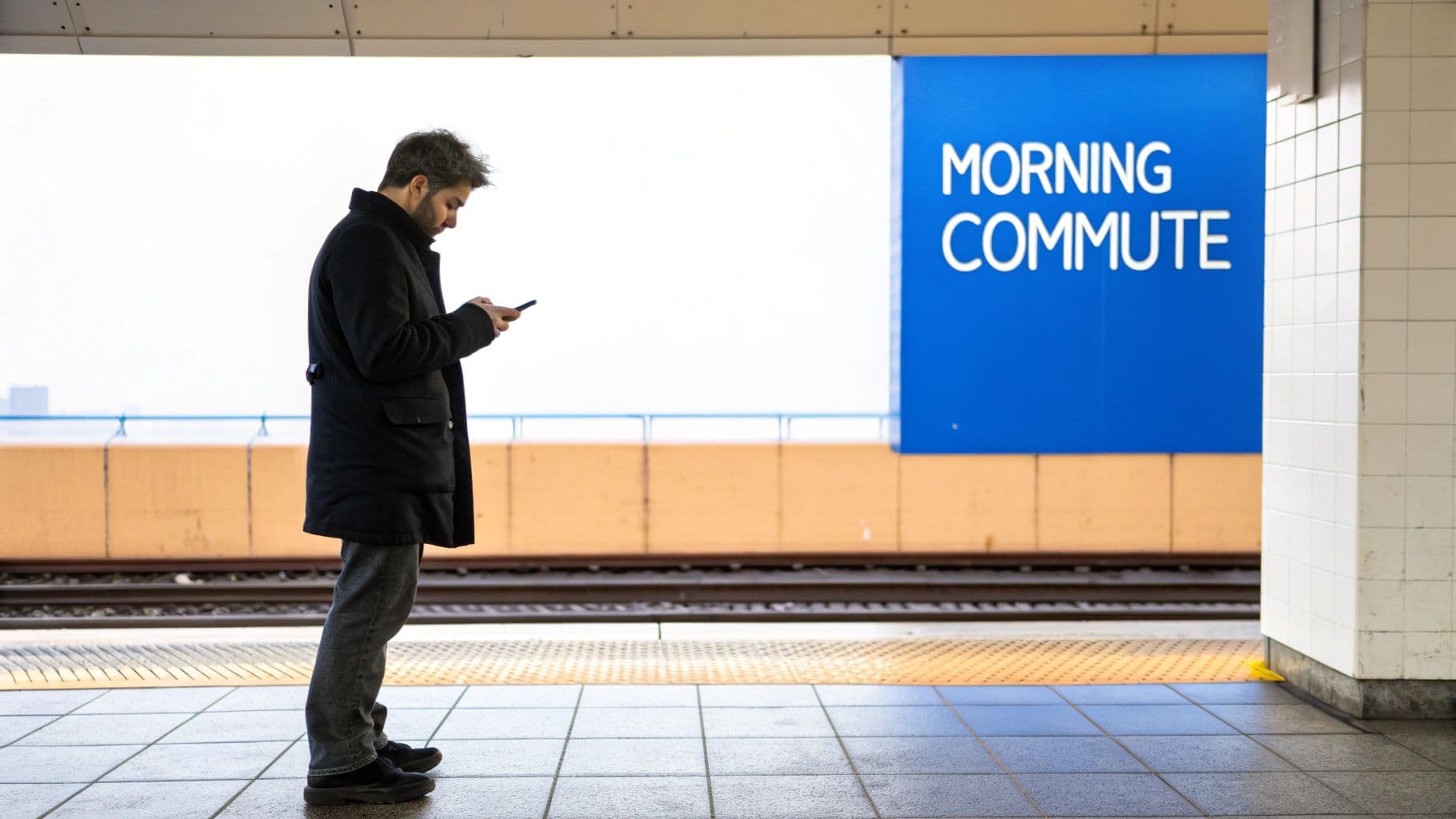 A man stands on a subway platform, engrossed in his phone, beneath a 'MORNING COMMUTE' sign.