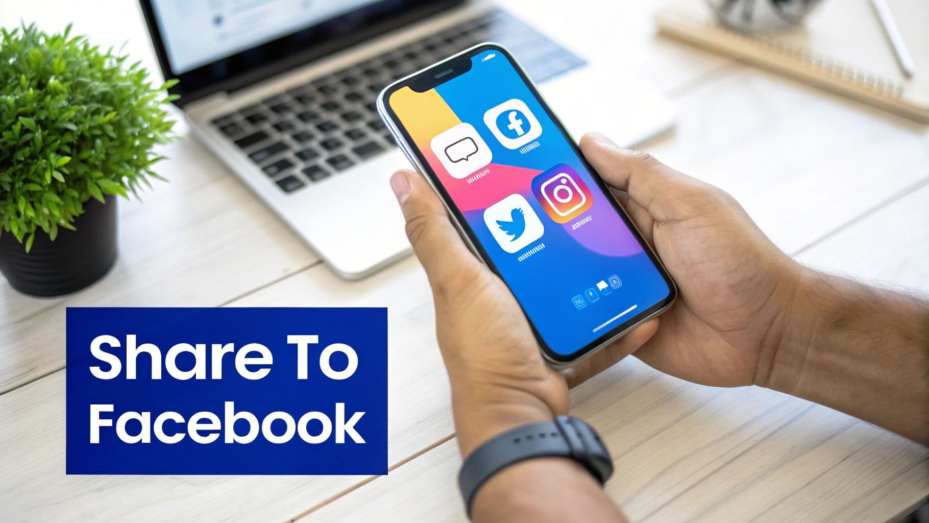 A person holds a smartphone displaying social media app icons, with 'Share To Facebook' text overlay.