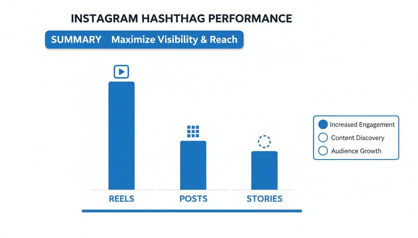 Bar chart summarizing Instagram hashtag performance across Reels, Posts, and Stories to maximize visibility and reach.