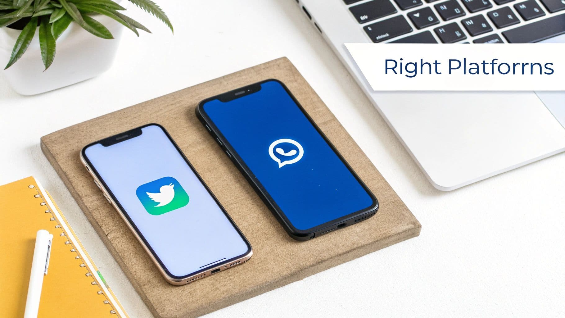 Smartphones displaying social media app logos (Twitter, messaging app) on a desk, next to a laptop, symbolizing platform choice.