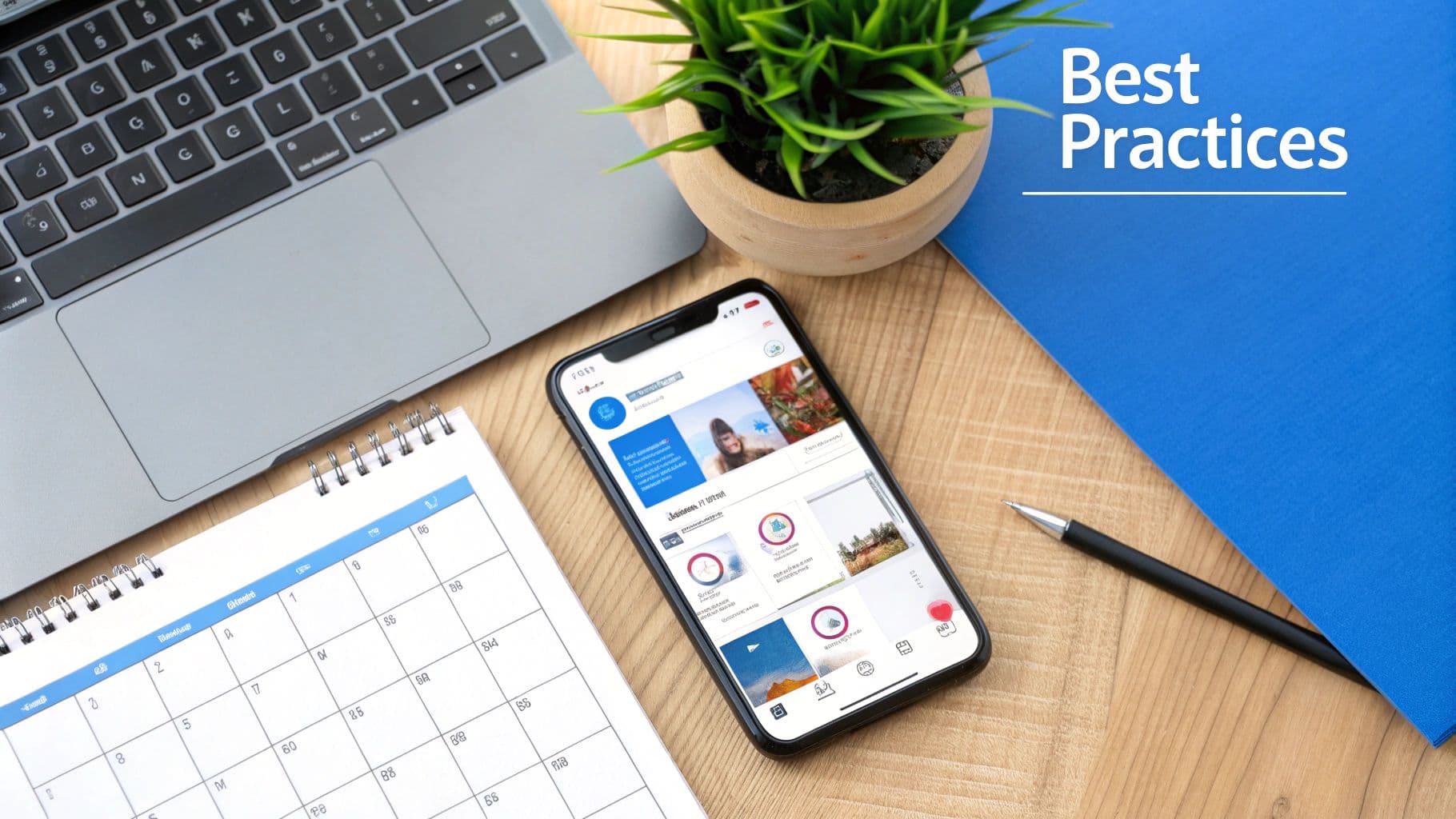 Flat lay of a modern workspace with a laptop, smartphone displaying an app, calendar, and a 'Best Practices' folder.