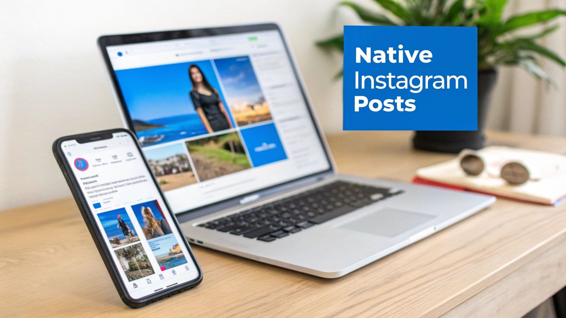 A laptop and smartphone displaying Instagram posts on a wooden desk, promoting native Instagram posts.