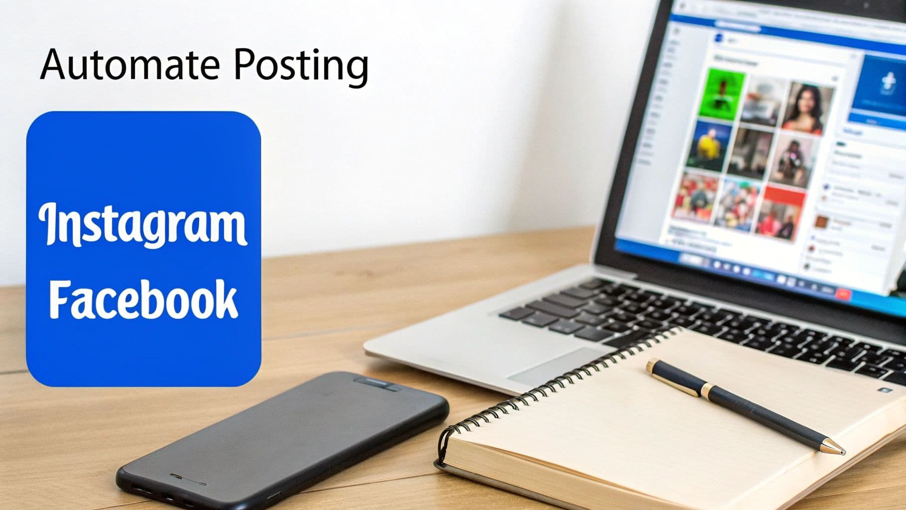 A desk setup with a laptop showing social media, a phone, and text overlay 'Automate Posting Instagram Facebook'.