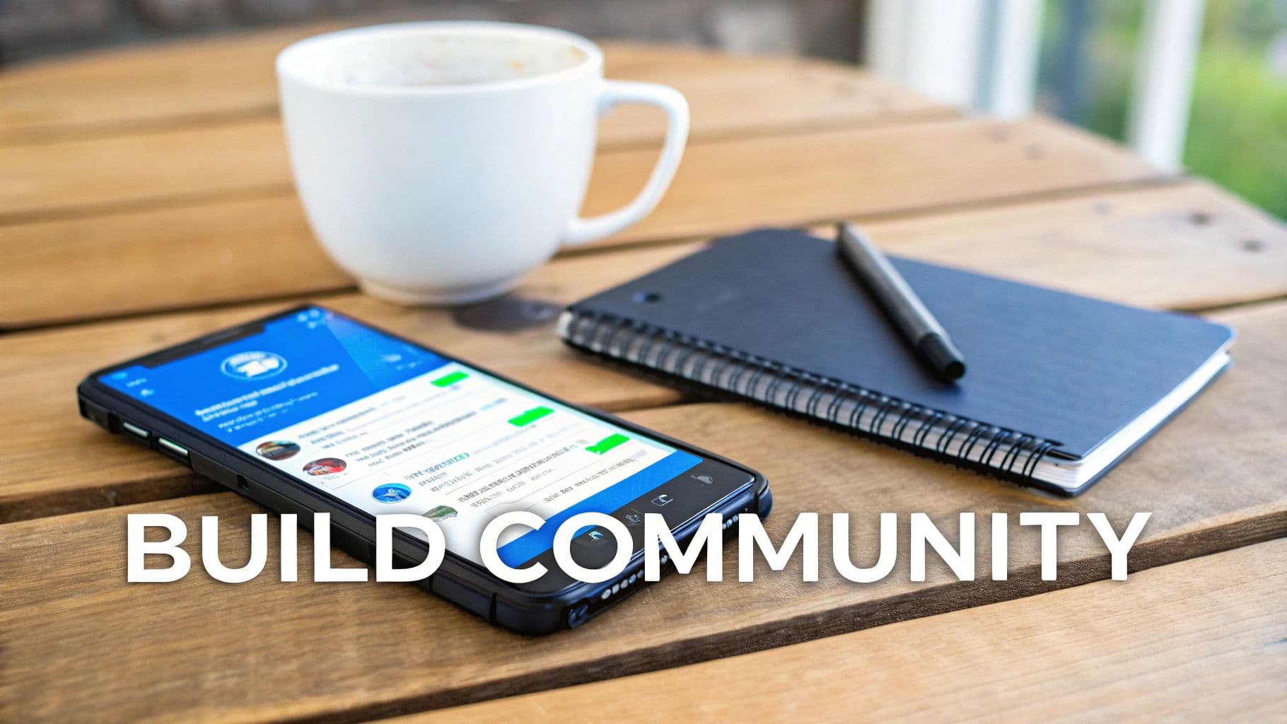 A smartphone displaying a social media app, coffee, and a notebook on a wooden table, emphasizing building community.