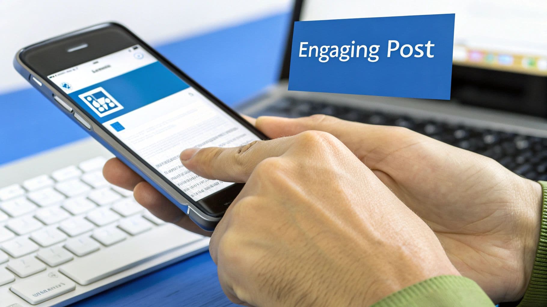 A person typing on a laptop, crafting a compelling social media post to accompany a video.