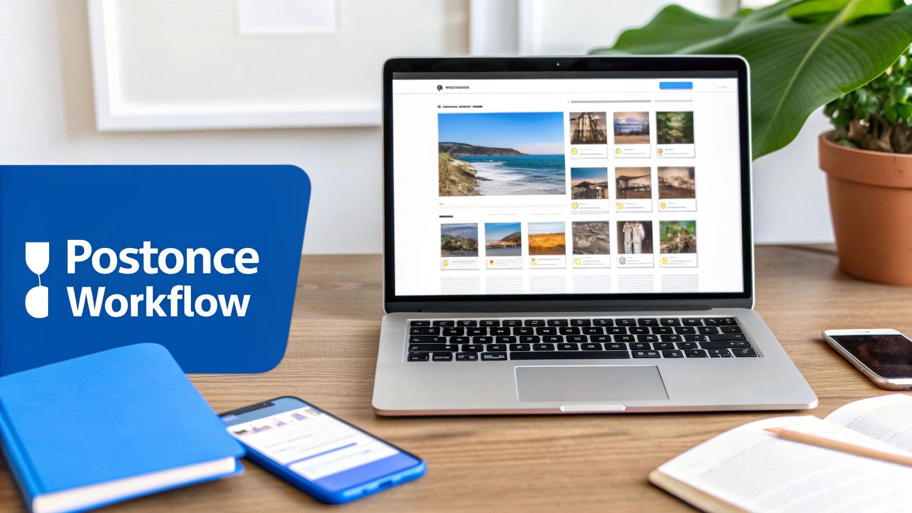 A laptop on a wooden desk displays a Postonce Workflow application with many digital image thumbnails.