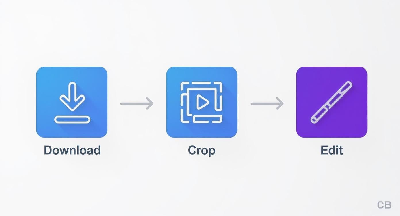 Infographic detailing the process of downloading, cropping, and editing a video clip for social media.