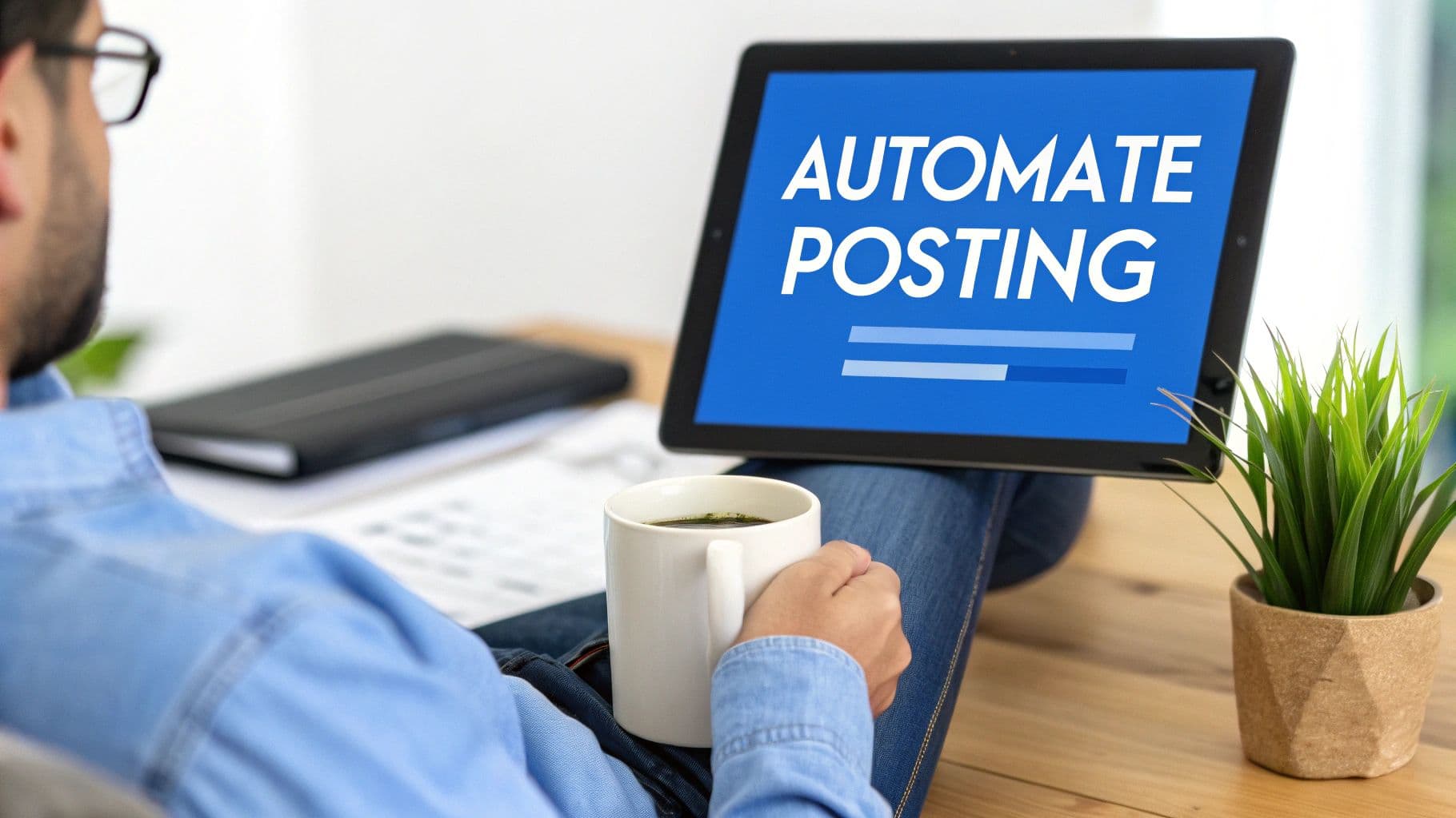 A person relaxed with a coffee mug, viewing a tablet displaying 'Automate Posting' and progress bars.