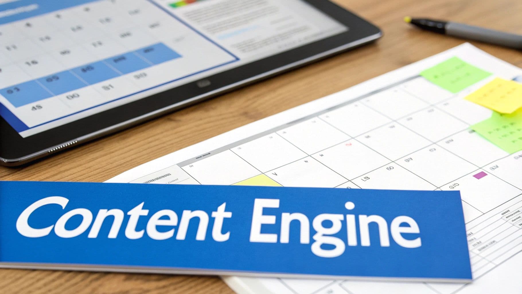 A blue 'Content Engine' folder, digital tablet, and paper calendar on a wooden desk.