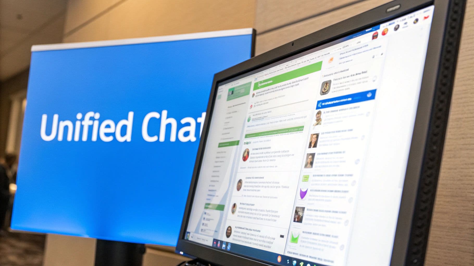 A person sitting at a desk with multiple monitors, each showing a different social media chat feed.