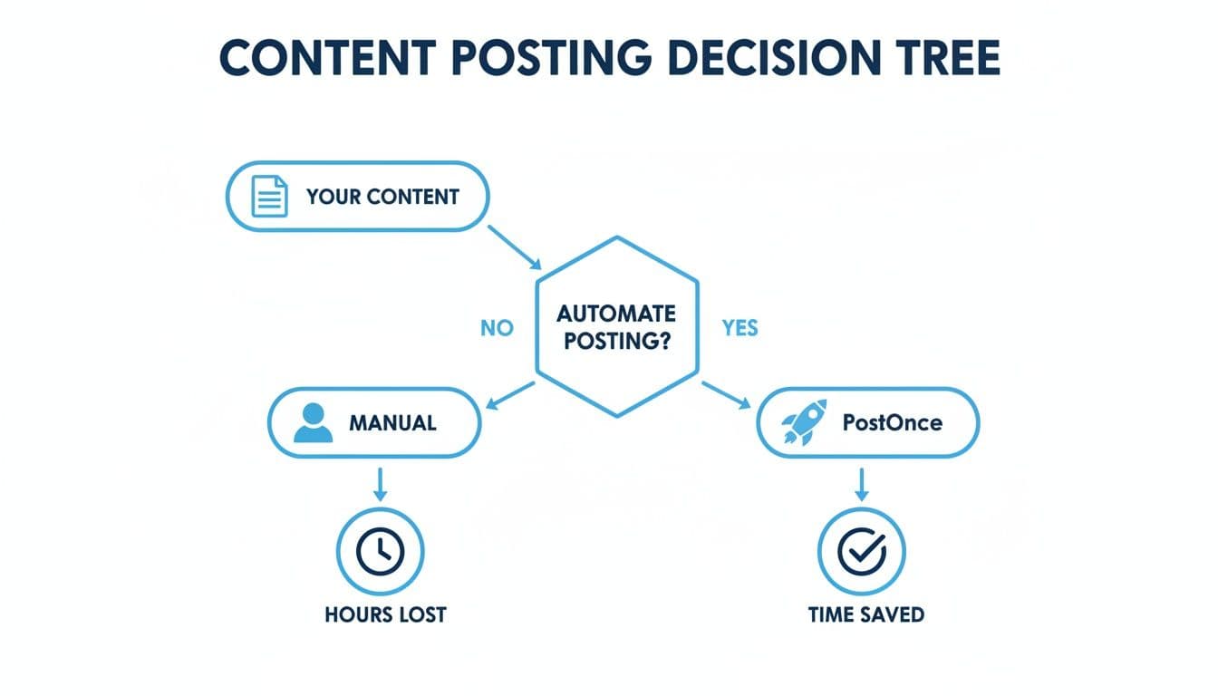 Decision tree for content posting: manual results in lost hours, while automating with PostOnce saves time.