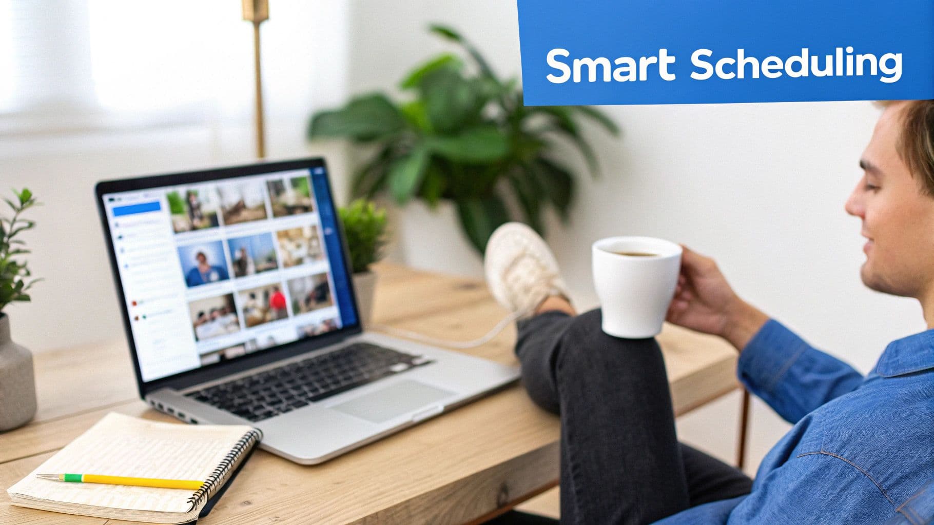 Person relaxing with feet on desk, holding coffee, looking at laptop showing images. Text: Smart Scheduling.