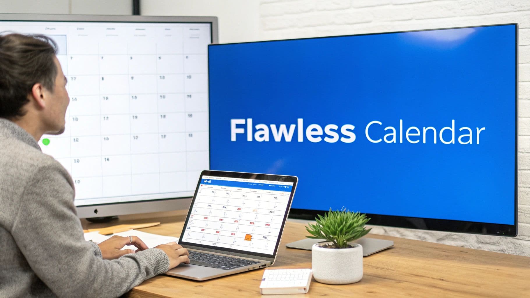 A person works on a laptop with multiple screens displaying digital calendar applications.