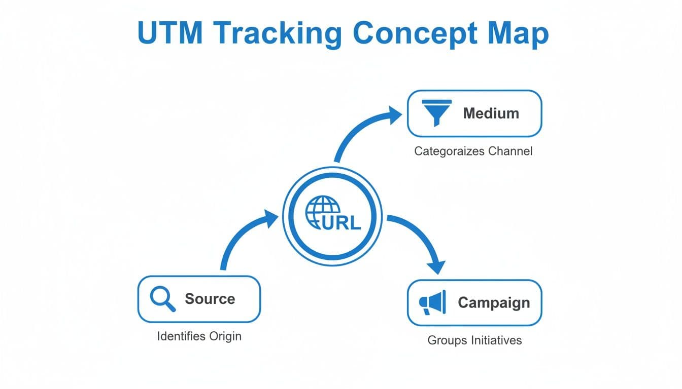 A concept map illustrating UTM tracking parameters: Source, Medium, and Campaign, all linked to a URL.