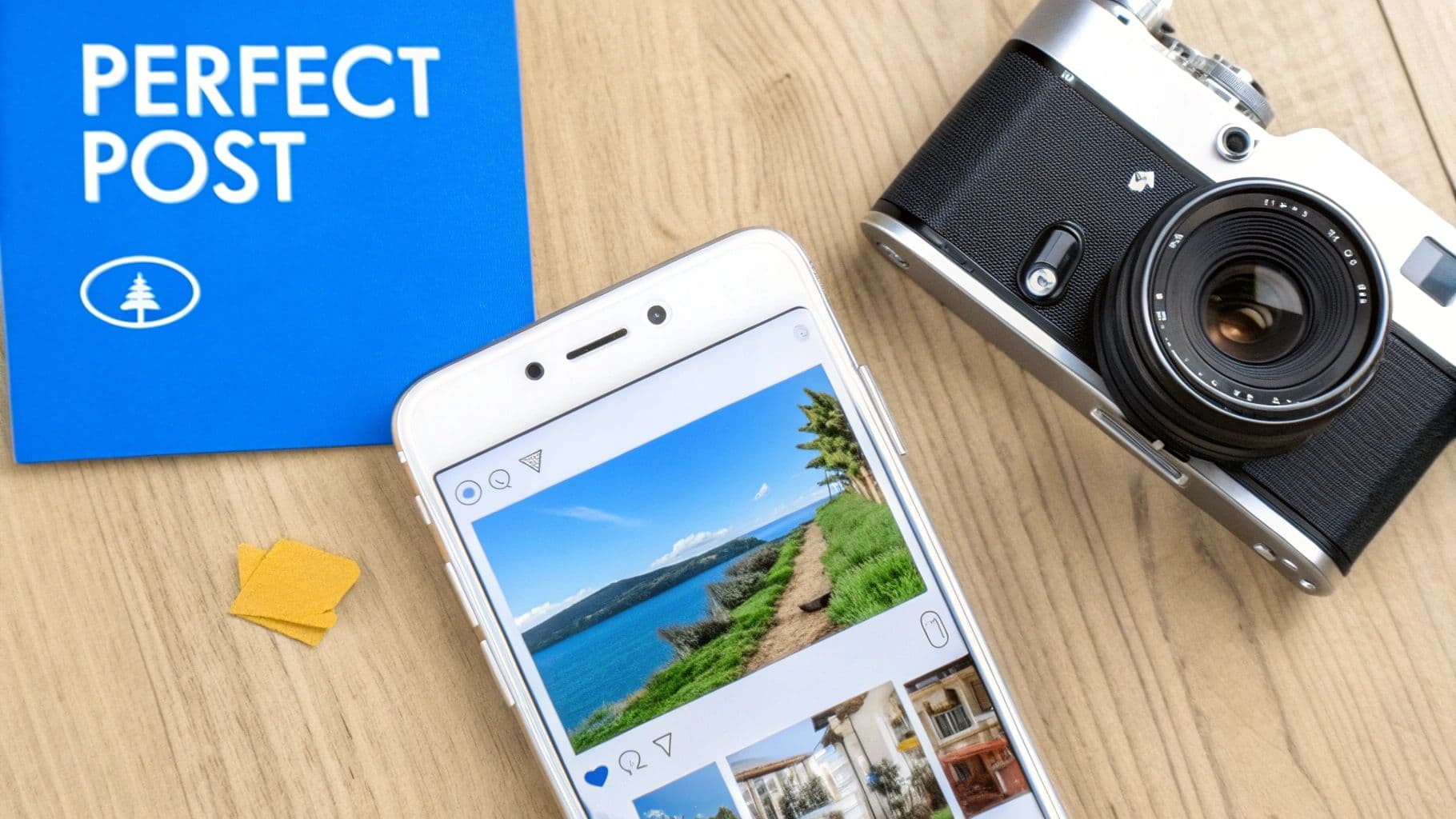 White smartphone displaying social media photo editing app next to vintage camera and Perfect Post branding