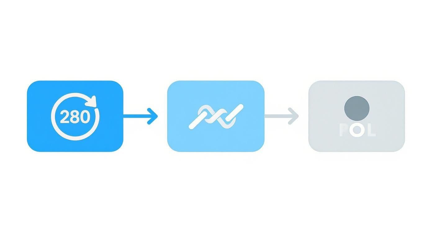 Three connected icons showing 280 character limit, waveform symbol, and user profile for social media posting workflow