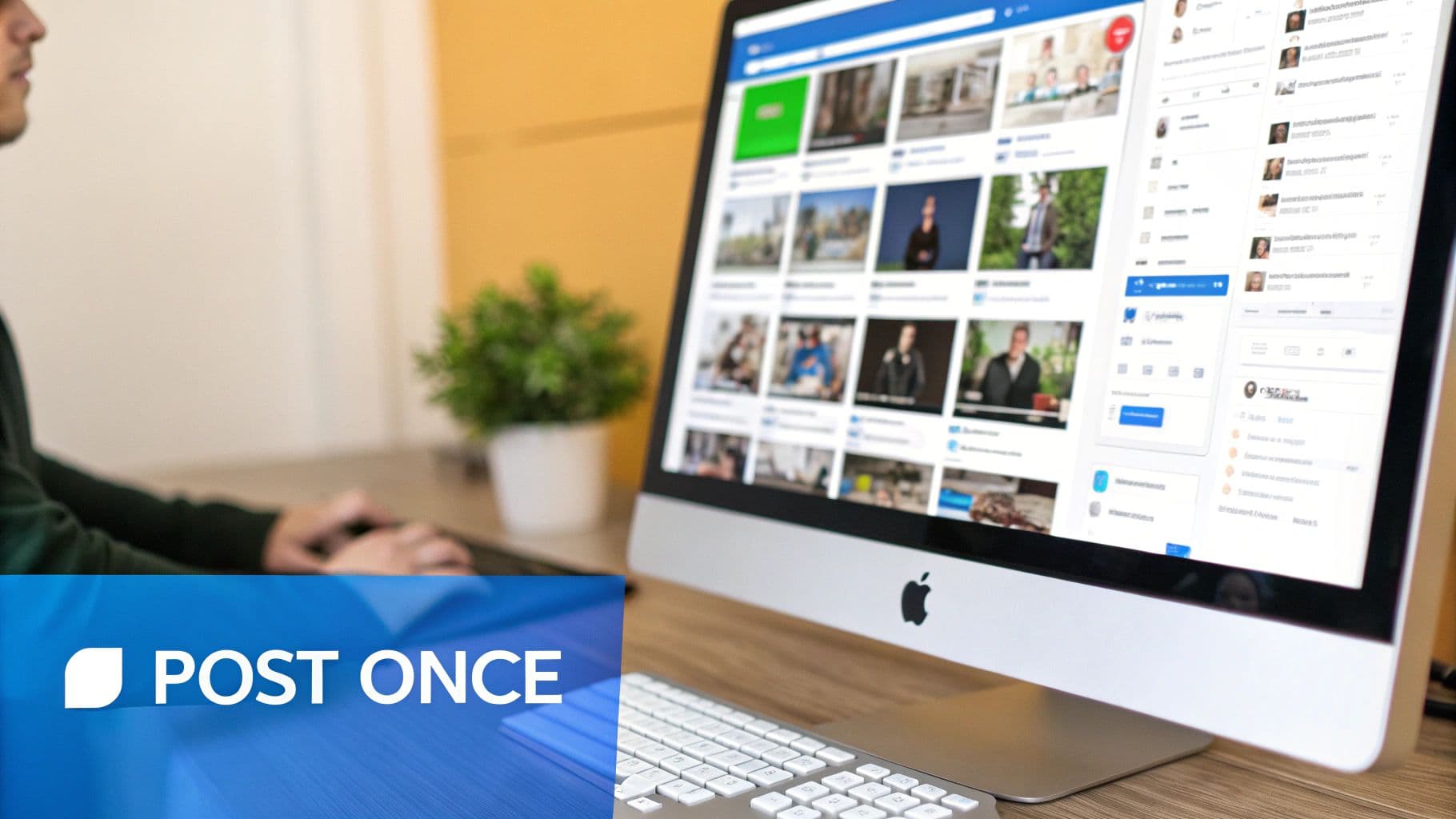 A person uses an Apple iMac computer displaying a social media feed with multiple images and videos.