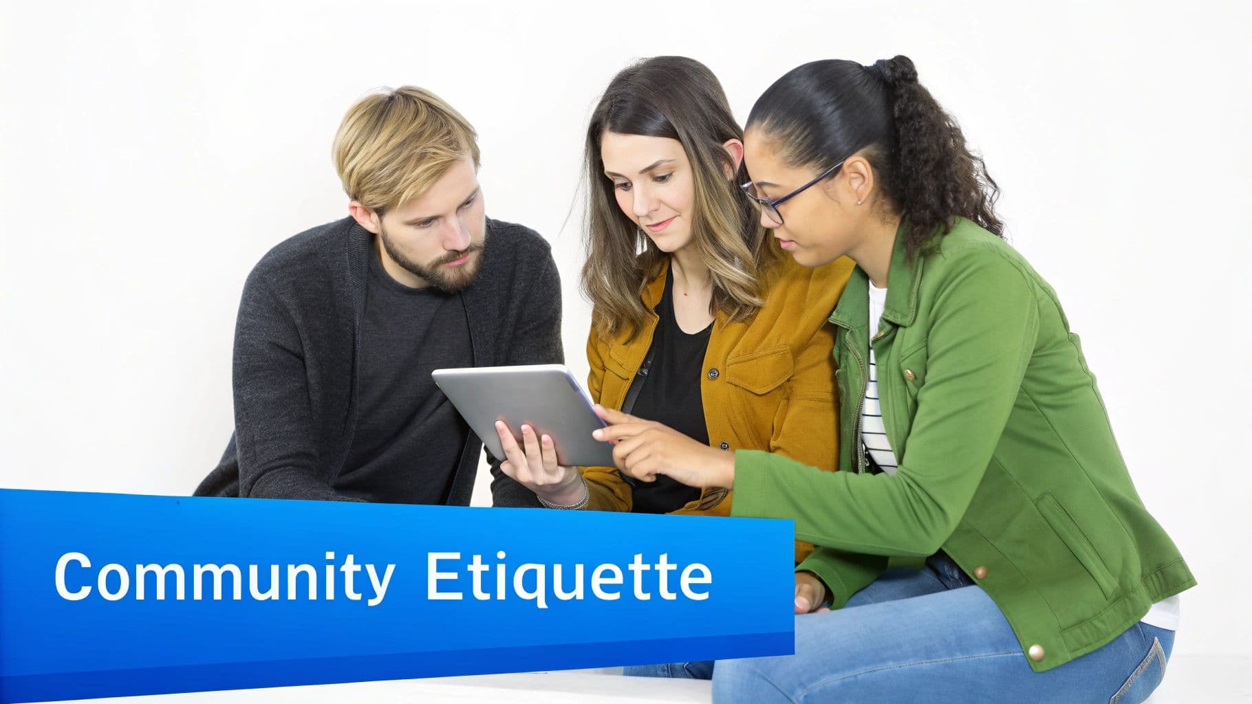 Three young adults collaborate, looking at a tablet together with a 'Community Etiquette' banner.