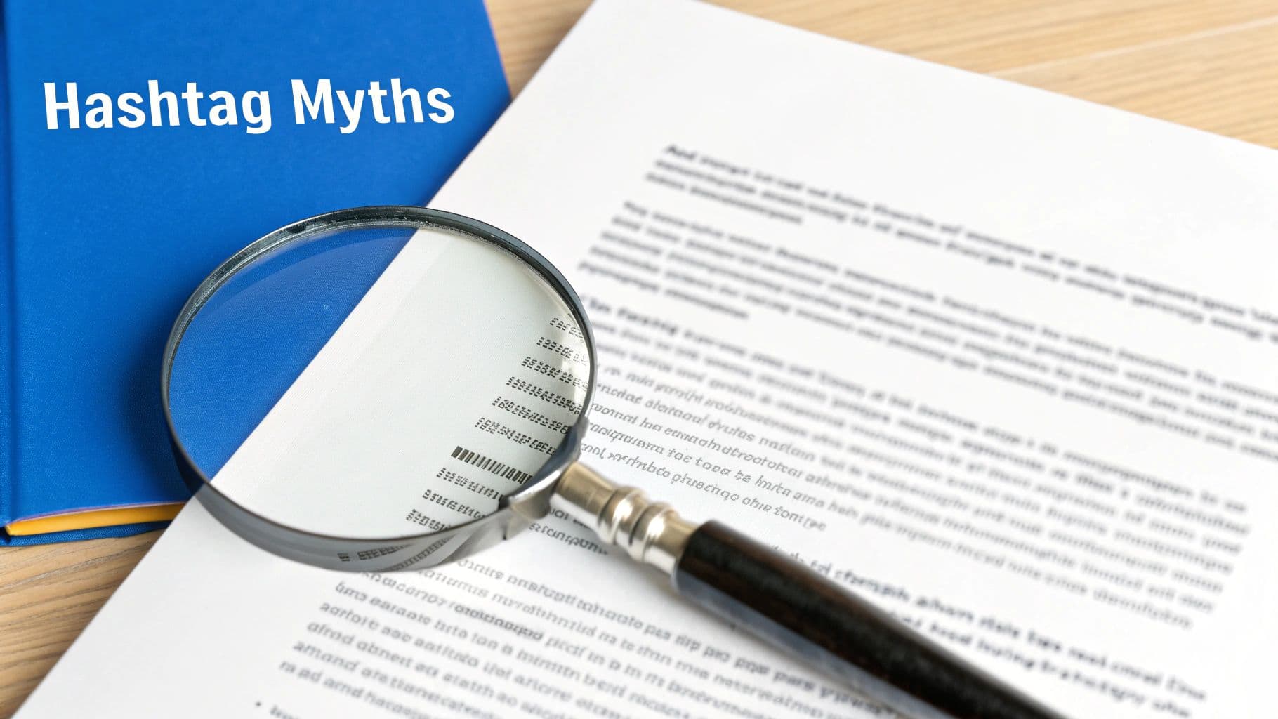 A magnifying glass on a document next to a blue book titled "Hashtag Myths", symbolizing investigation.