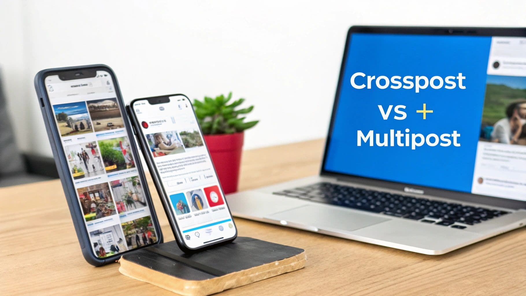 A desk setup featuring smartphones and a laptop displaying 'Crosspost VS + Multipost' on its screen.