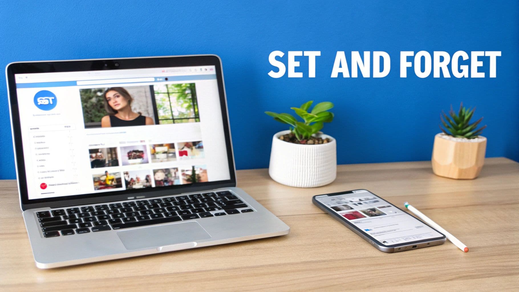 A modern workspace featuring a laptop and smartphone displaying social media content, with a "SET AND FORGET" motto on a blue wall.