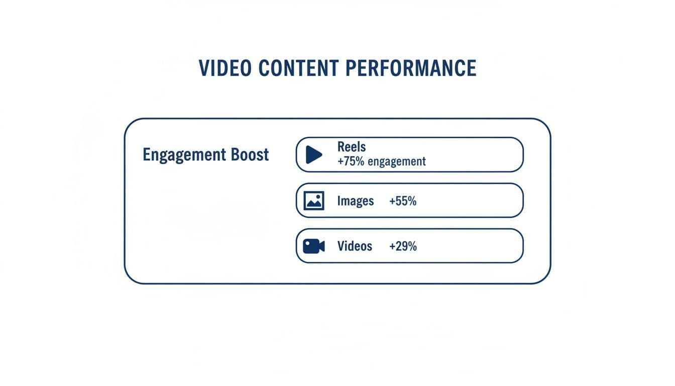 Infographic showing video content performance and engagement boost for Reels, Images, and Videos.