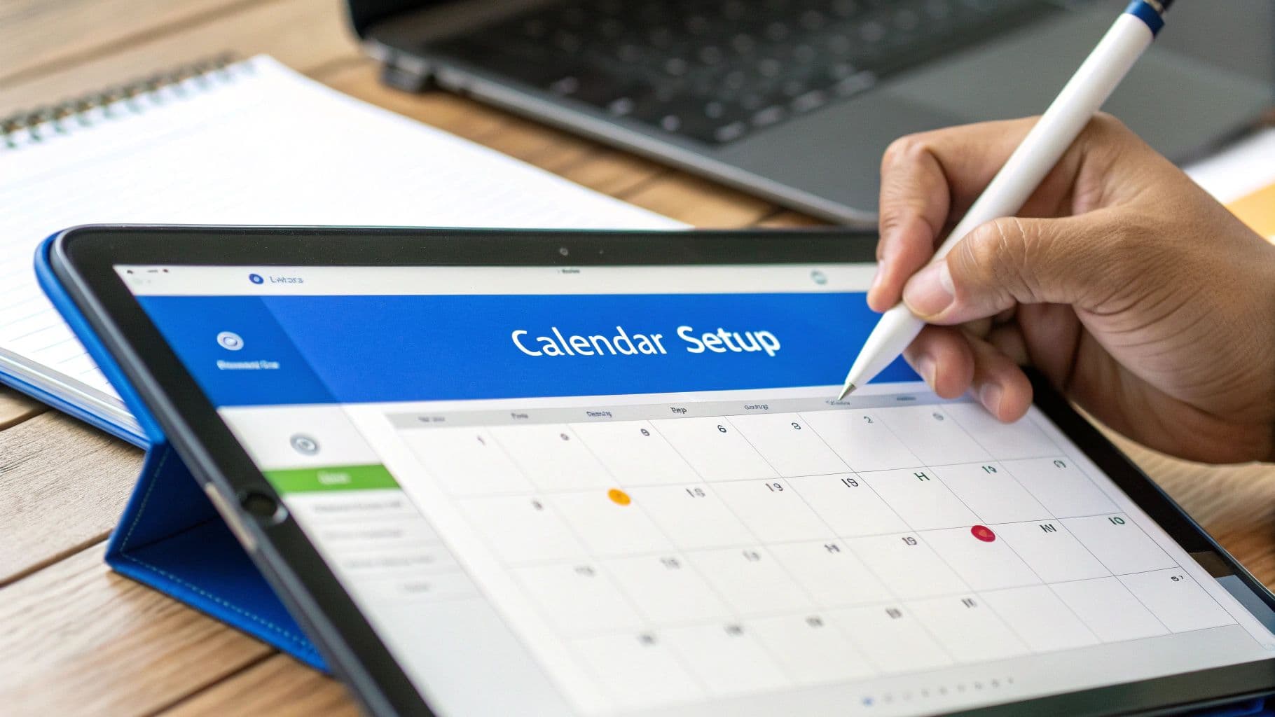 A close-up shot of a digital editorial calendar on a tablet screen, showing color-coded entries and content details.