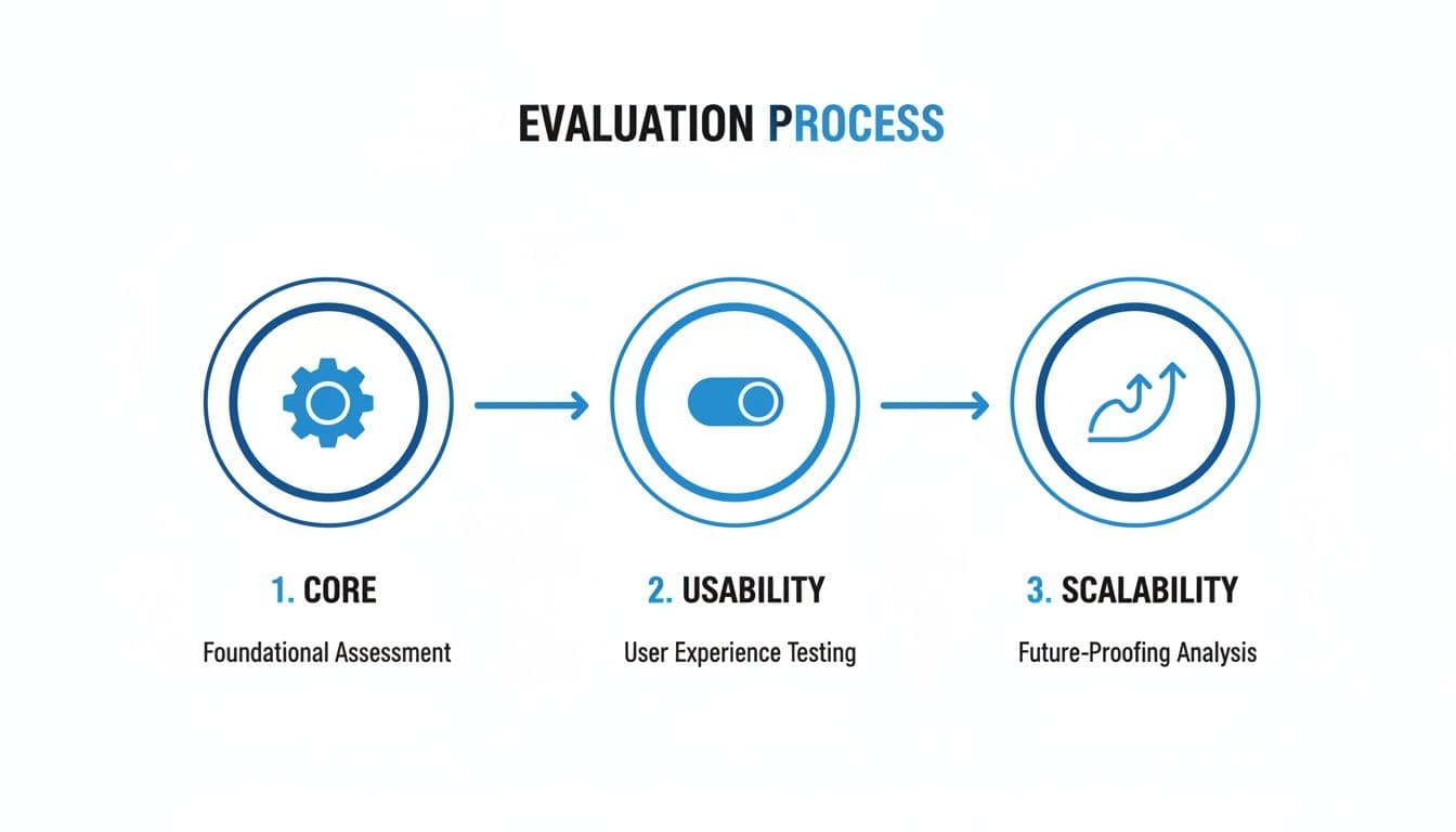 Diagram showing an evaluation process with three steps: Core, Usability, and Scalability, each with icons.