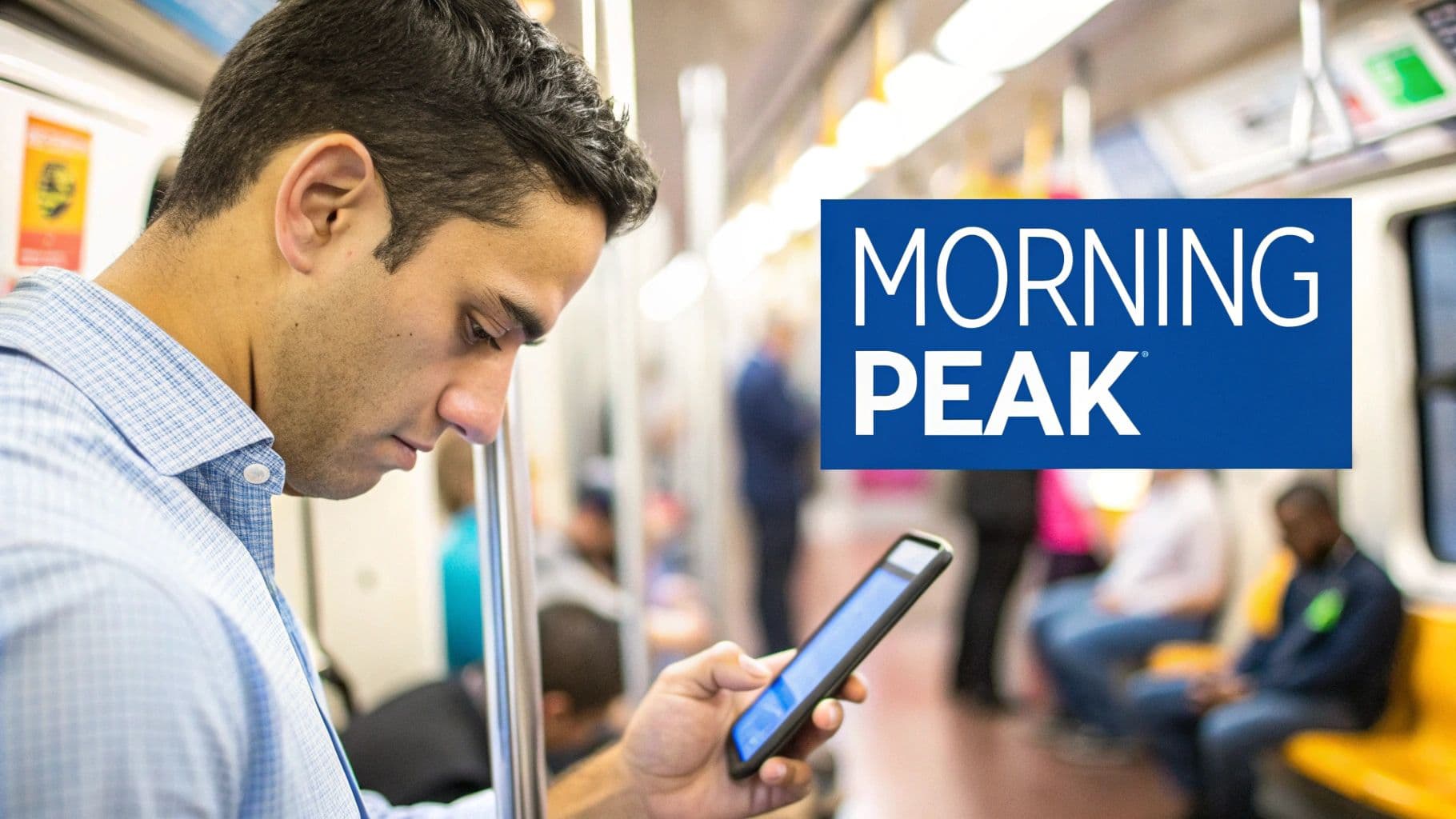 A young man commuting on a train uses his smartphone, with "MORNING PEAK" text.