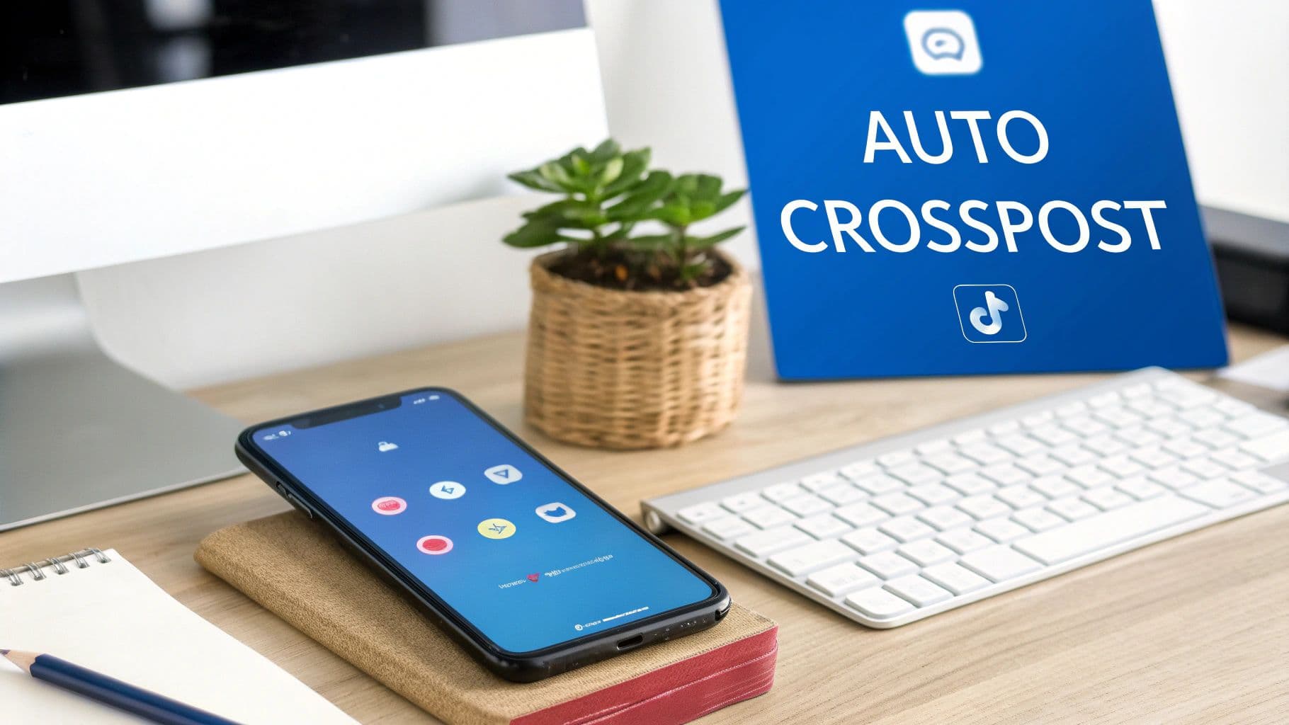 An image showing a smartphone with the TikTok and Instagram apps, with an arrow indicating content being shared between them, set against a vibrant background.