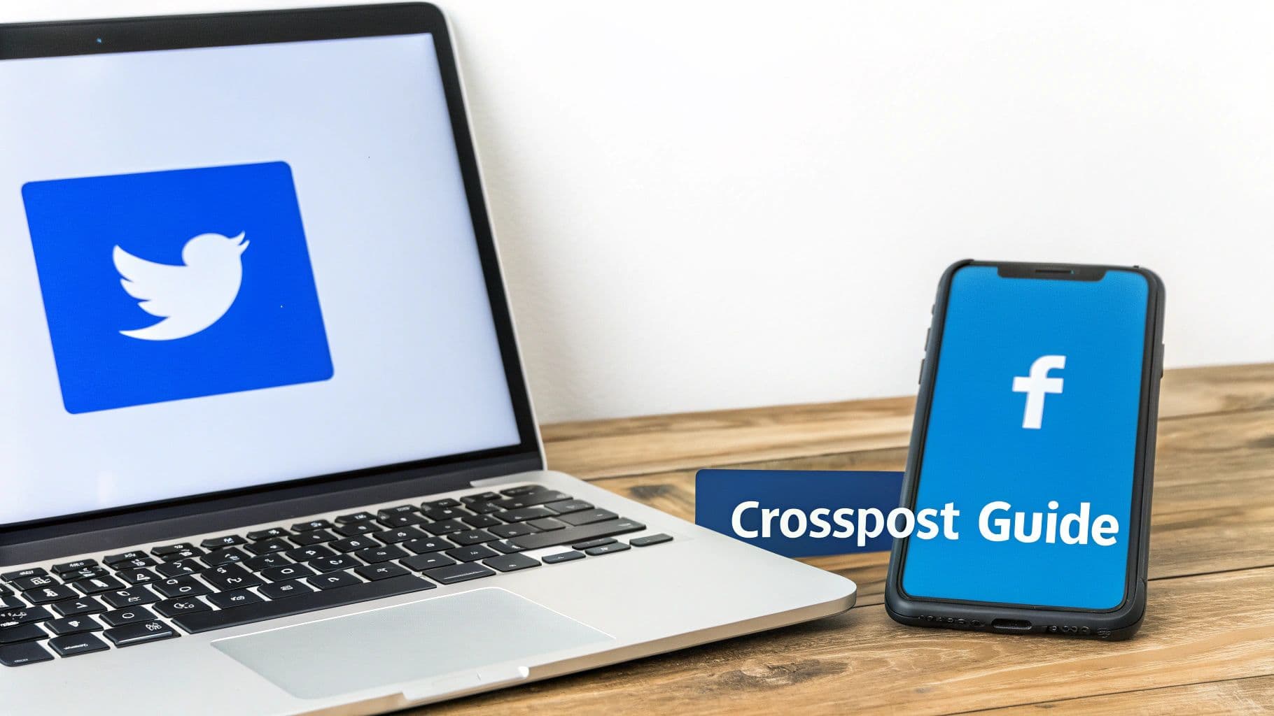 A laptop shows the Twitter logo, and a smartphone displays the Facebook logo, with a 'Crosspost Guide' banner.
