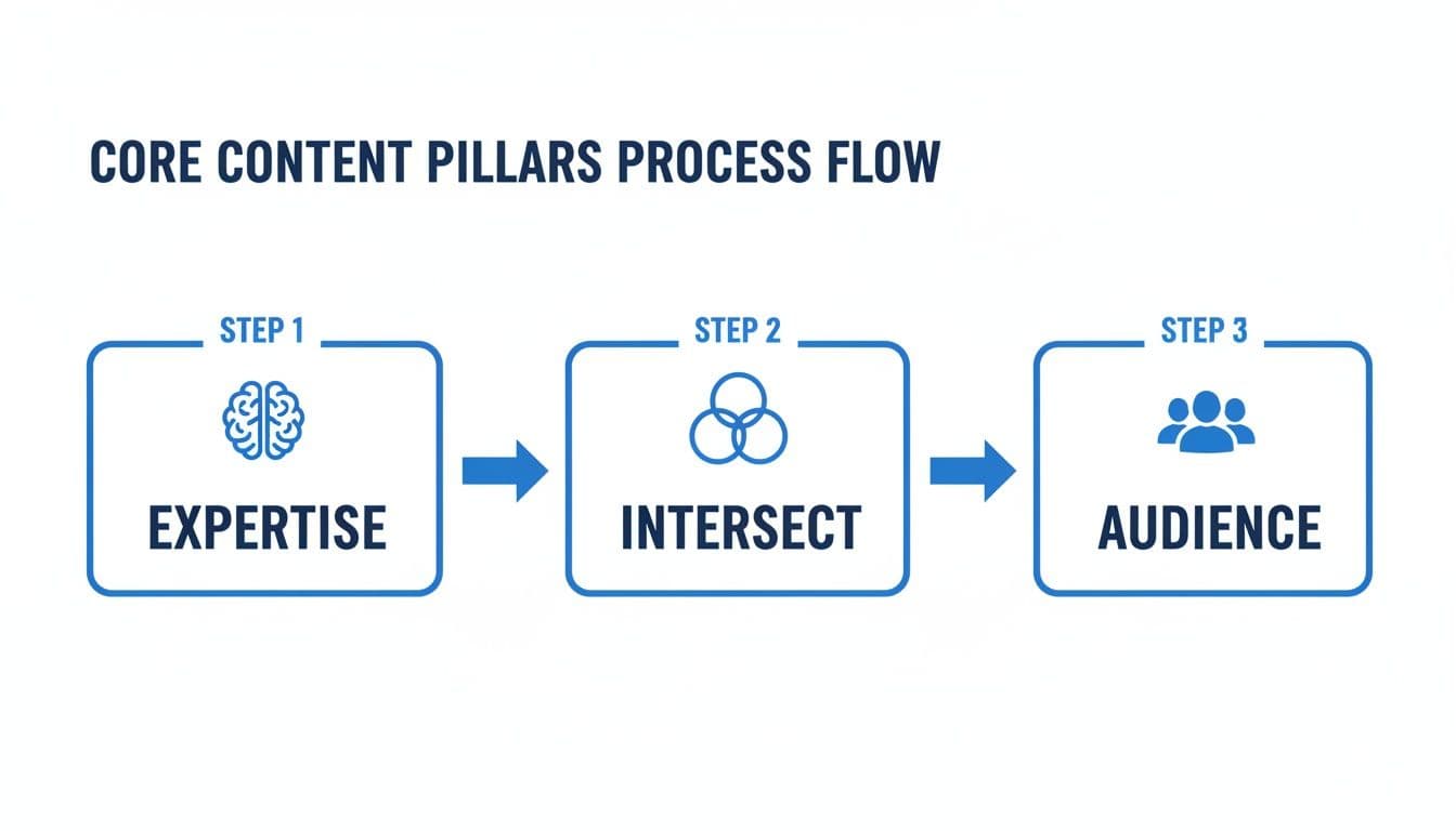 A three-step content strategy process flow: Expertise, Intersect, and Audience, each with an icon.