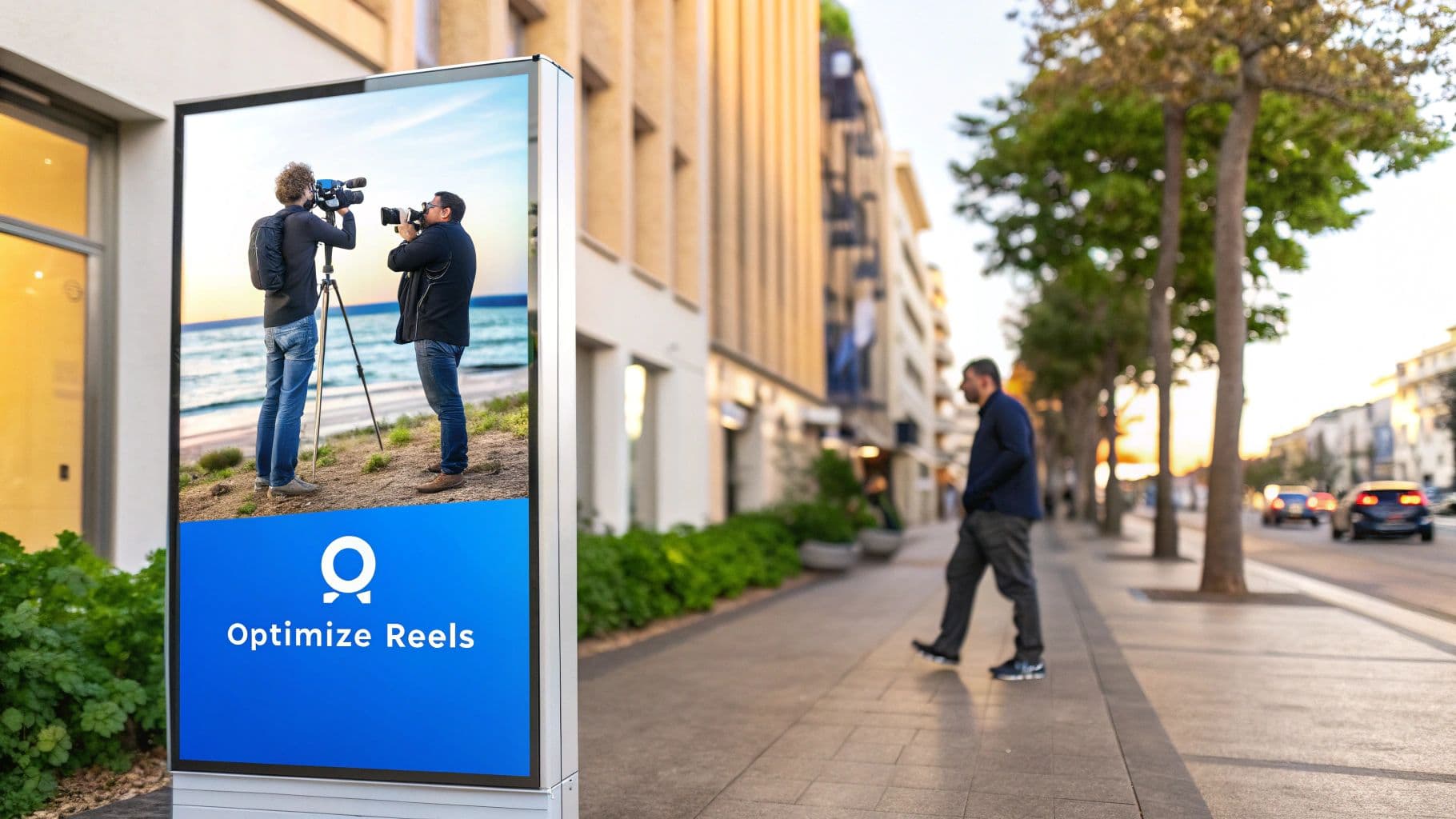A digital billboard on a city street shows two videographers filming and the text 'Optimize Reels'.