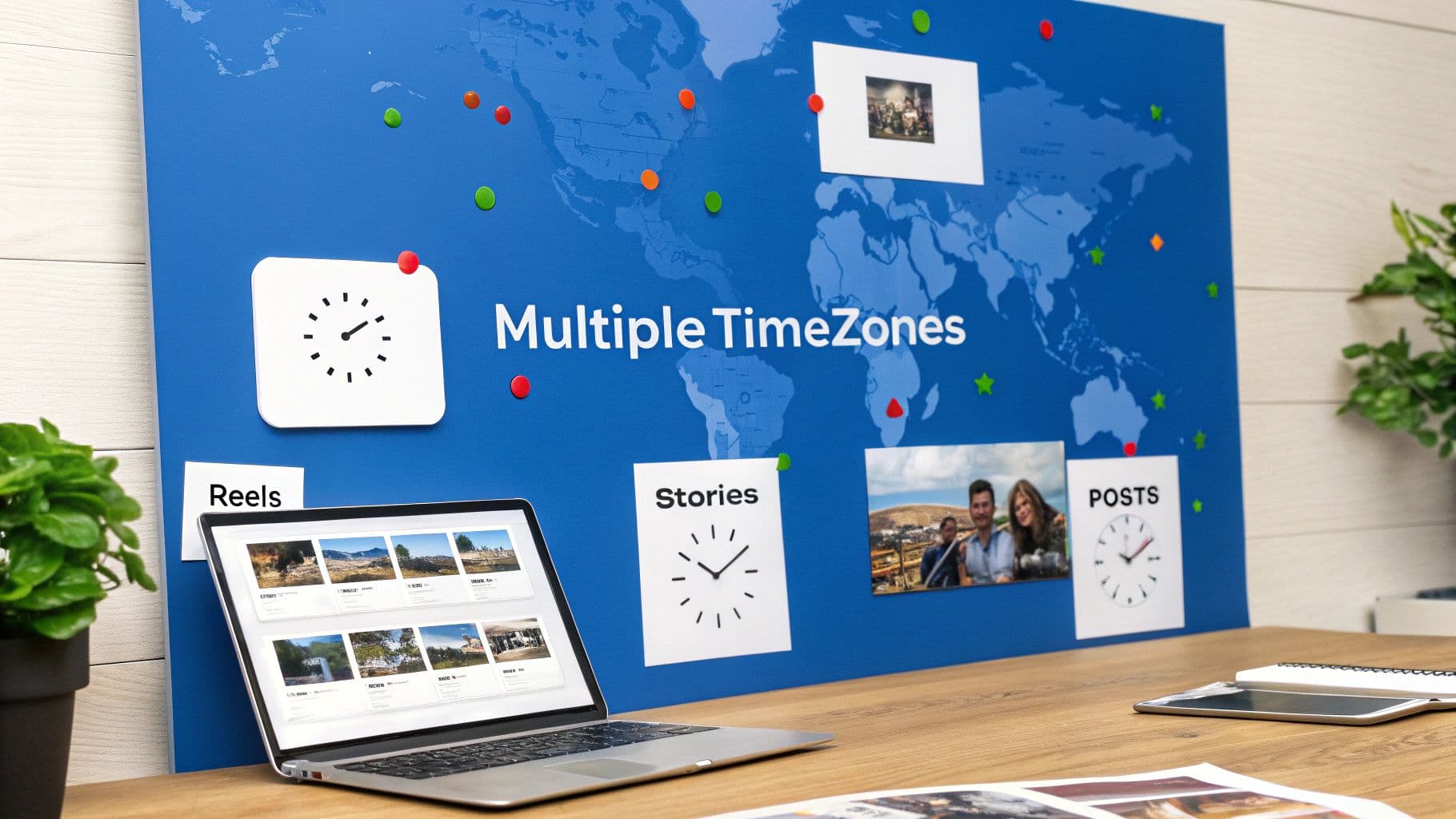 A desk with a laptop showing images, in front of a blue world map board with clocks and social media labels.
