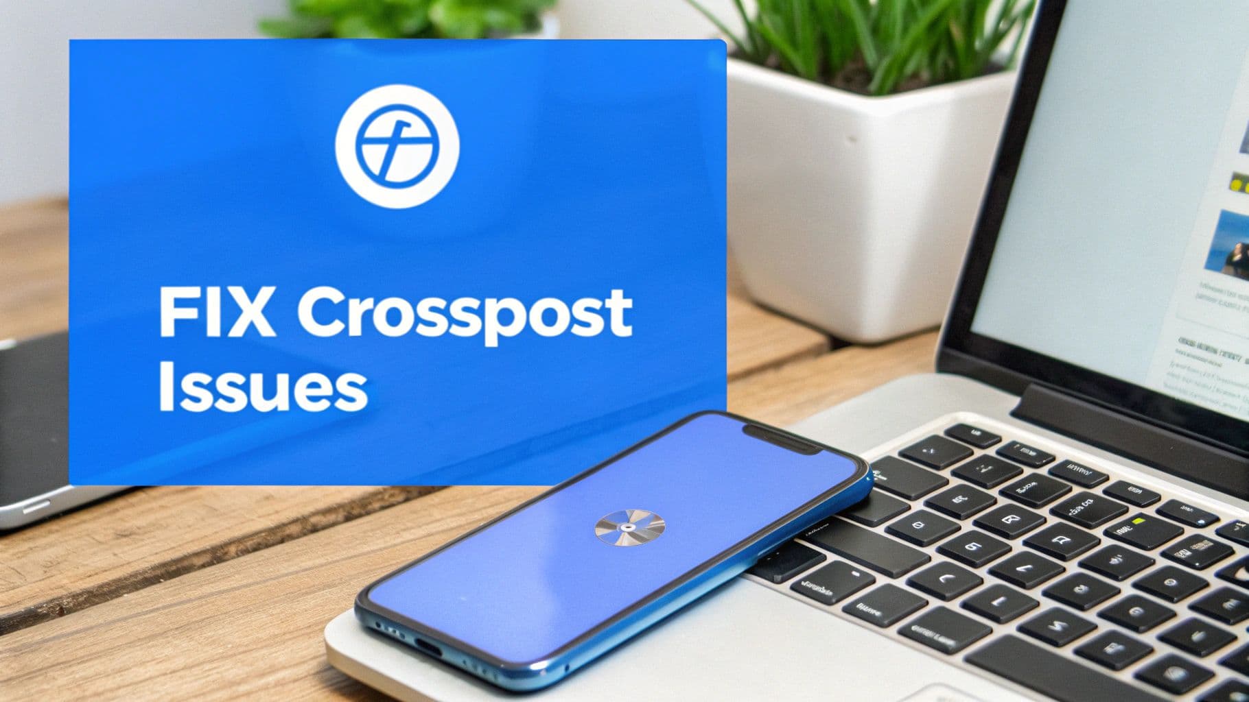 A blue graphic titled 'FIX Crosspost Issues' with a logo, displayed next to a laptop and a smartphone.
