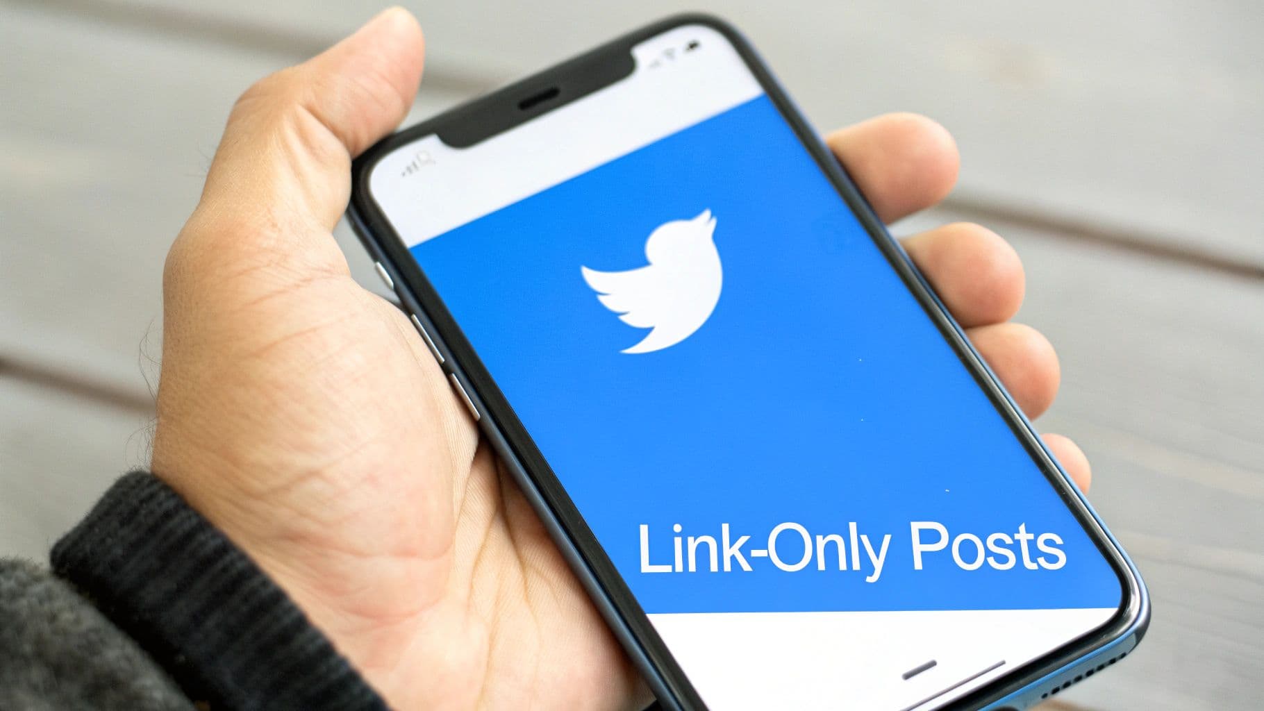 A hand holds a smartphone displaying the Twitter logo and "Link-Only Posts" text on its screen.