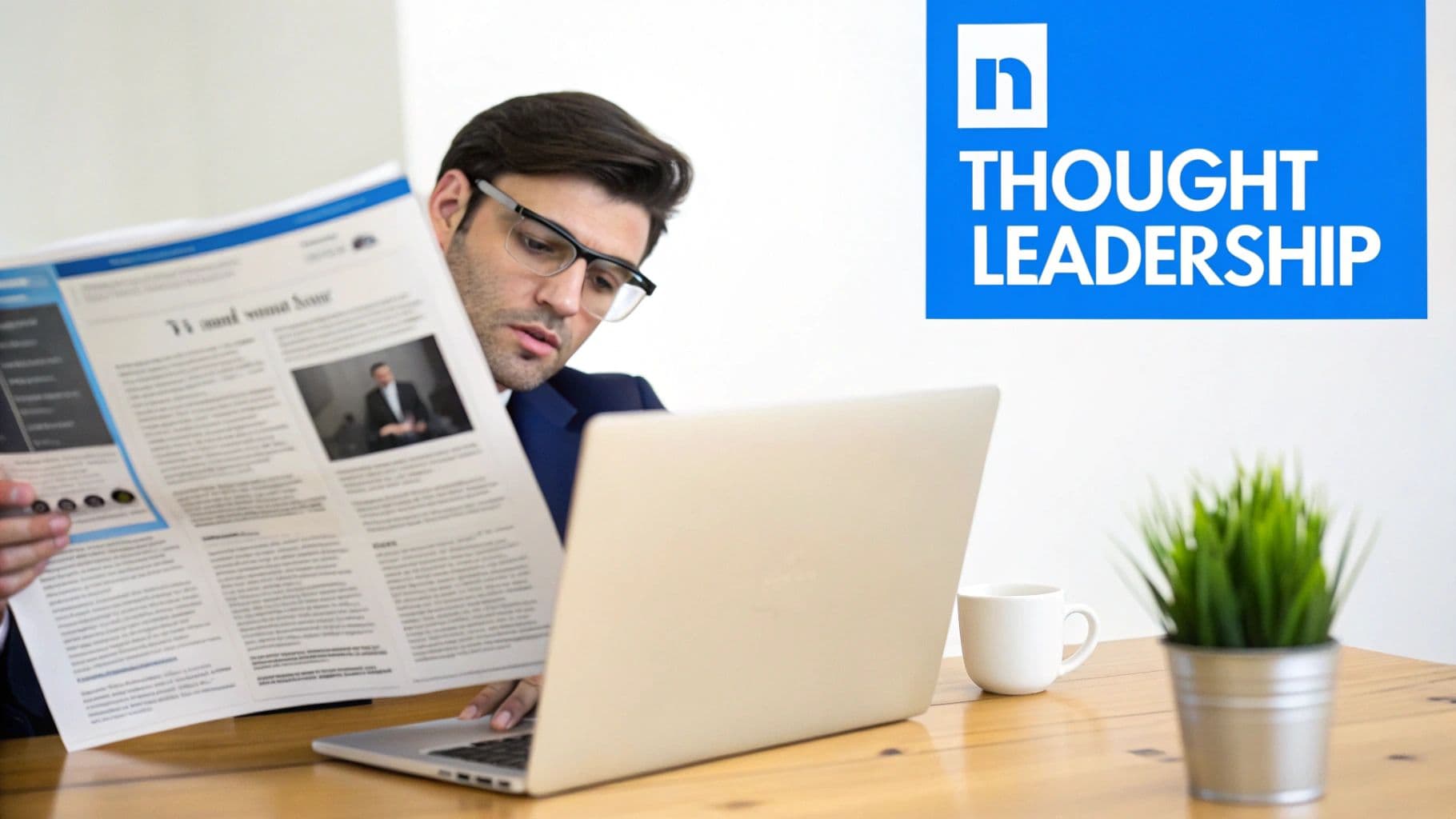 Professional man in glasses reading a newspaper and using a laptop, with a 'Thought Leadership' sign.