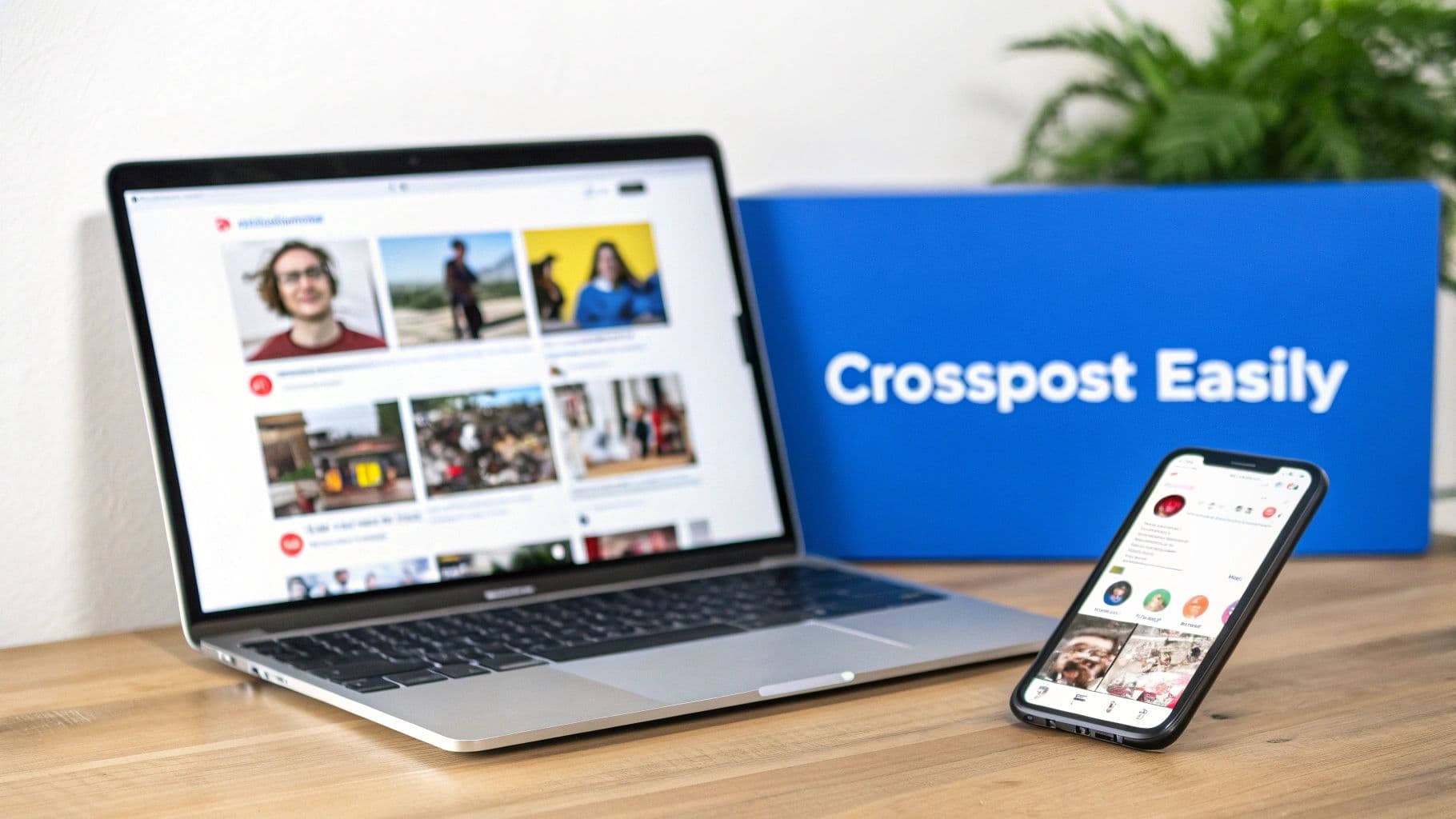 A laptop and smartphone on a wooden desk display social media content, with a blue 'Crosspost Easily' sign.