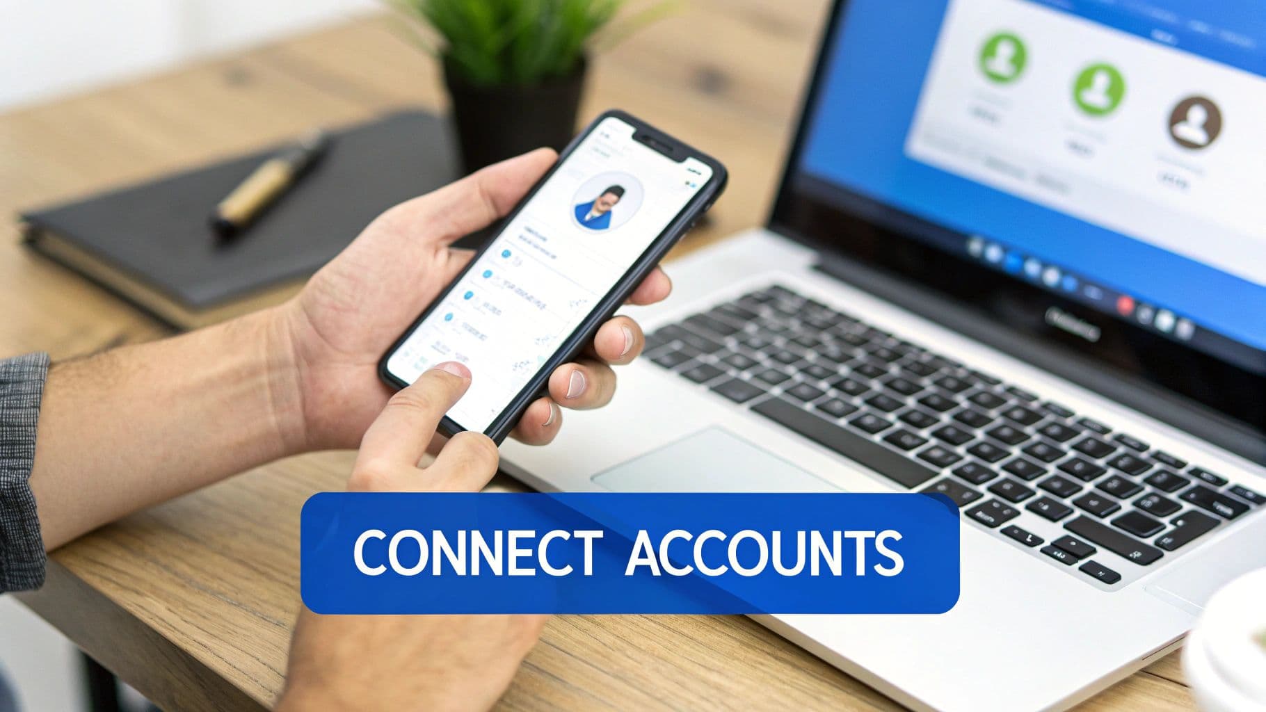 Person connecting accounts via smartphone and laptop, with a prominent 'CONNECT ACCOUNTS' button.