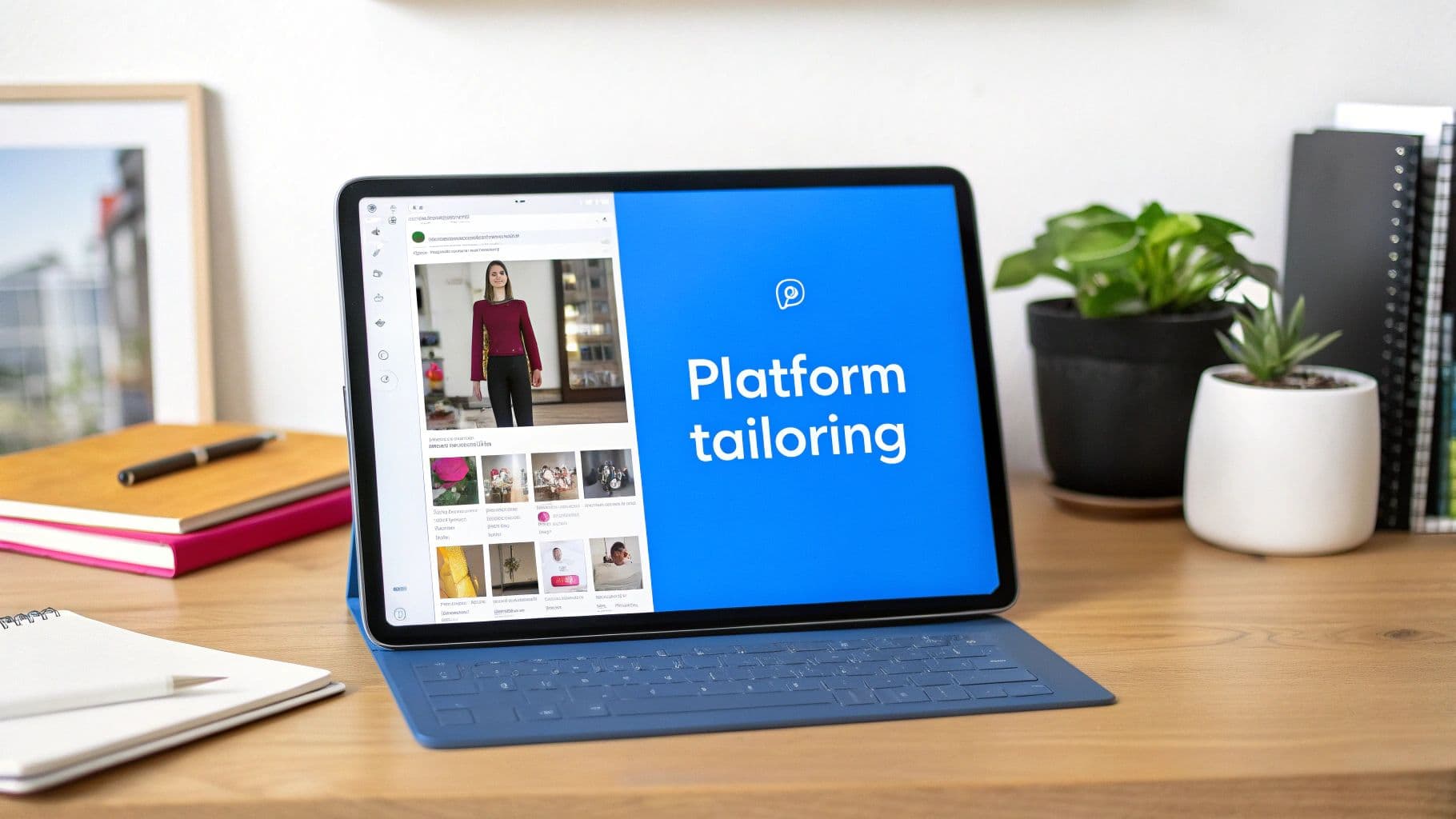 A tablet with a blue keyboard displays a 'Platform tailoring' website on a bright wooden desk.