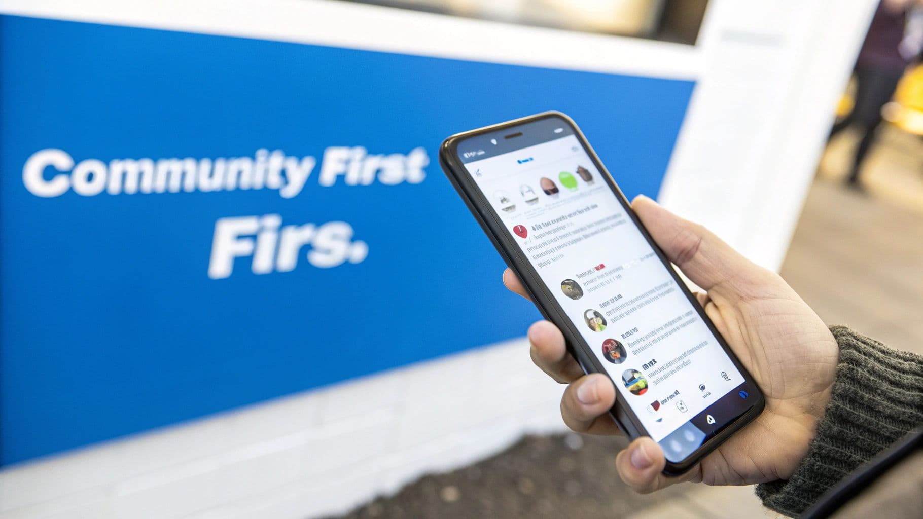 A person's hand holds a smartphone displaying a social media app feed, with a blue sign in the background.