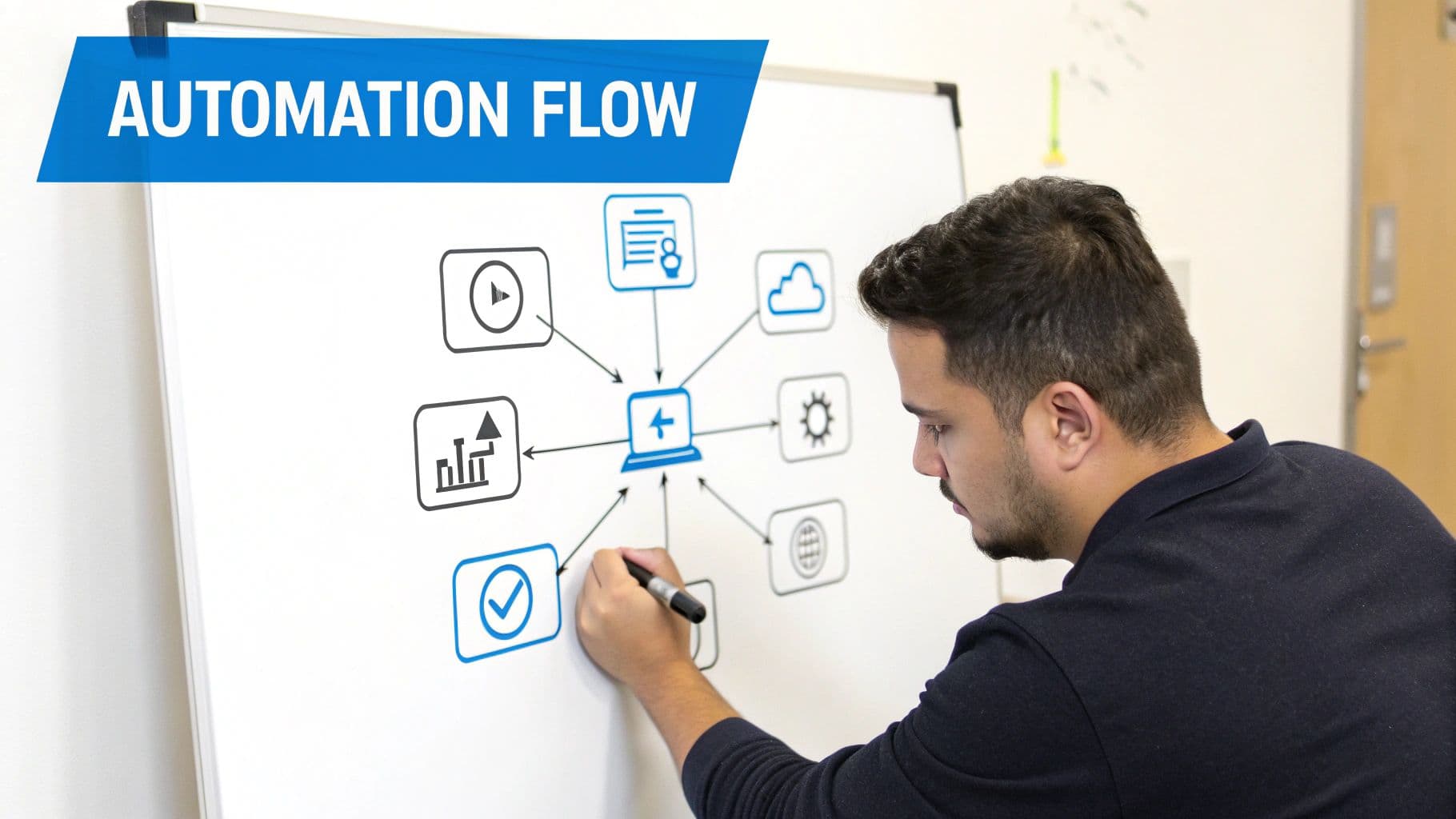 A man draws an automation flow diagram on a whiteboard with interconnected icons and a central laptop.