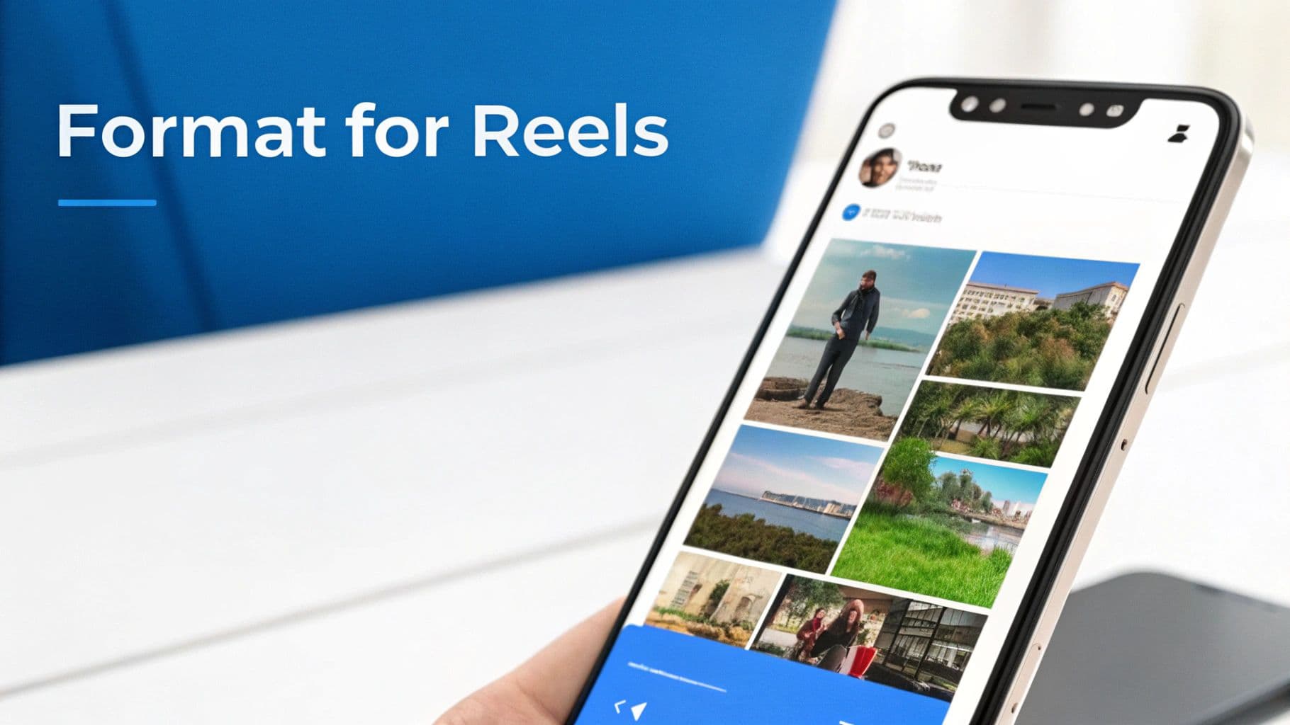 A hand holding a smartphone displaying a photo gallery, with 'Format for Reels' text on a blue background.